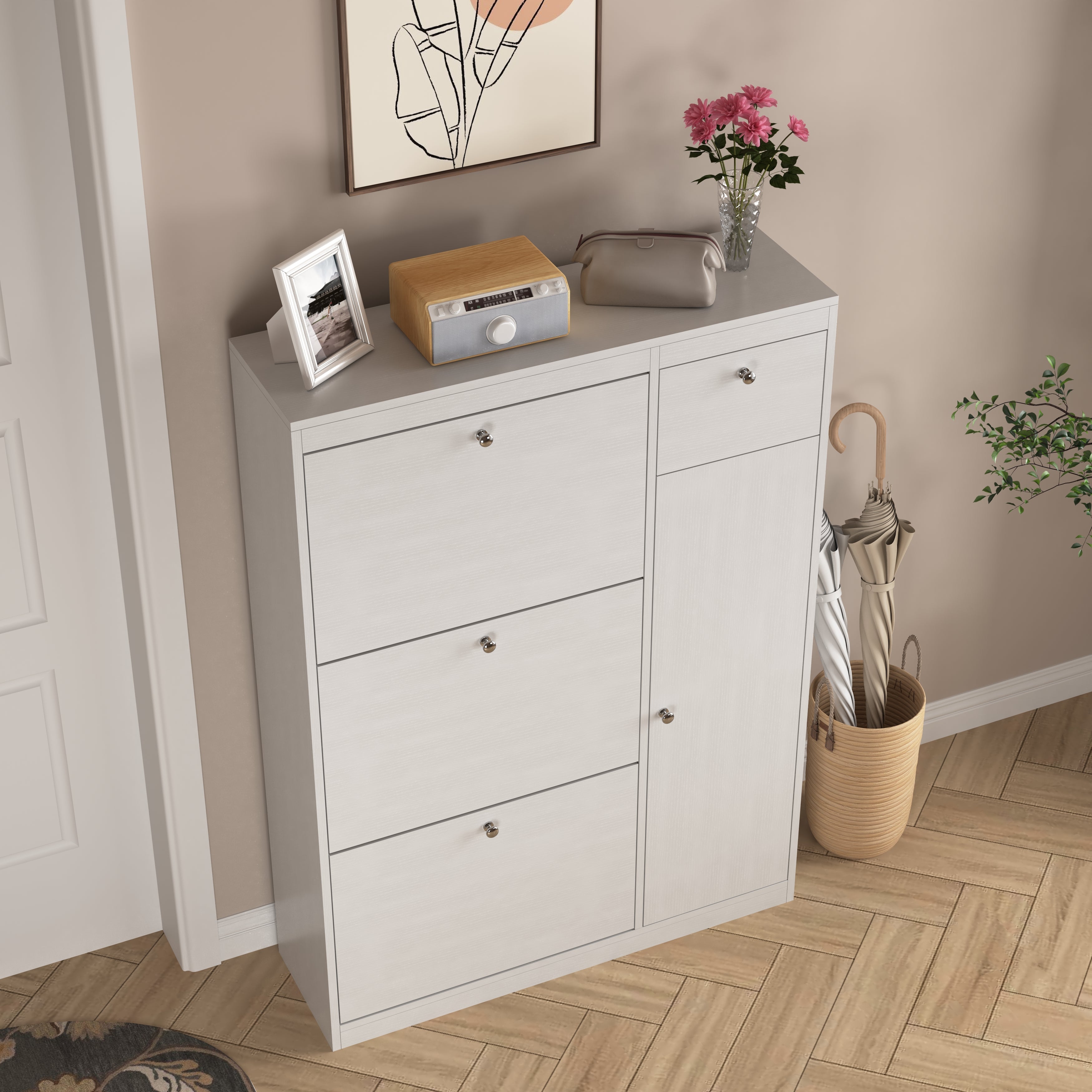Shoe Cabinet Freestanding 3 Drop-Down Drawers Adjustable Shelf