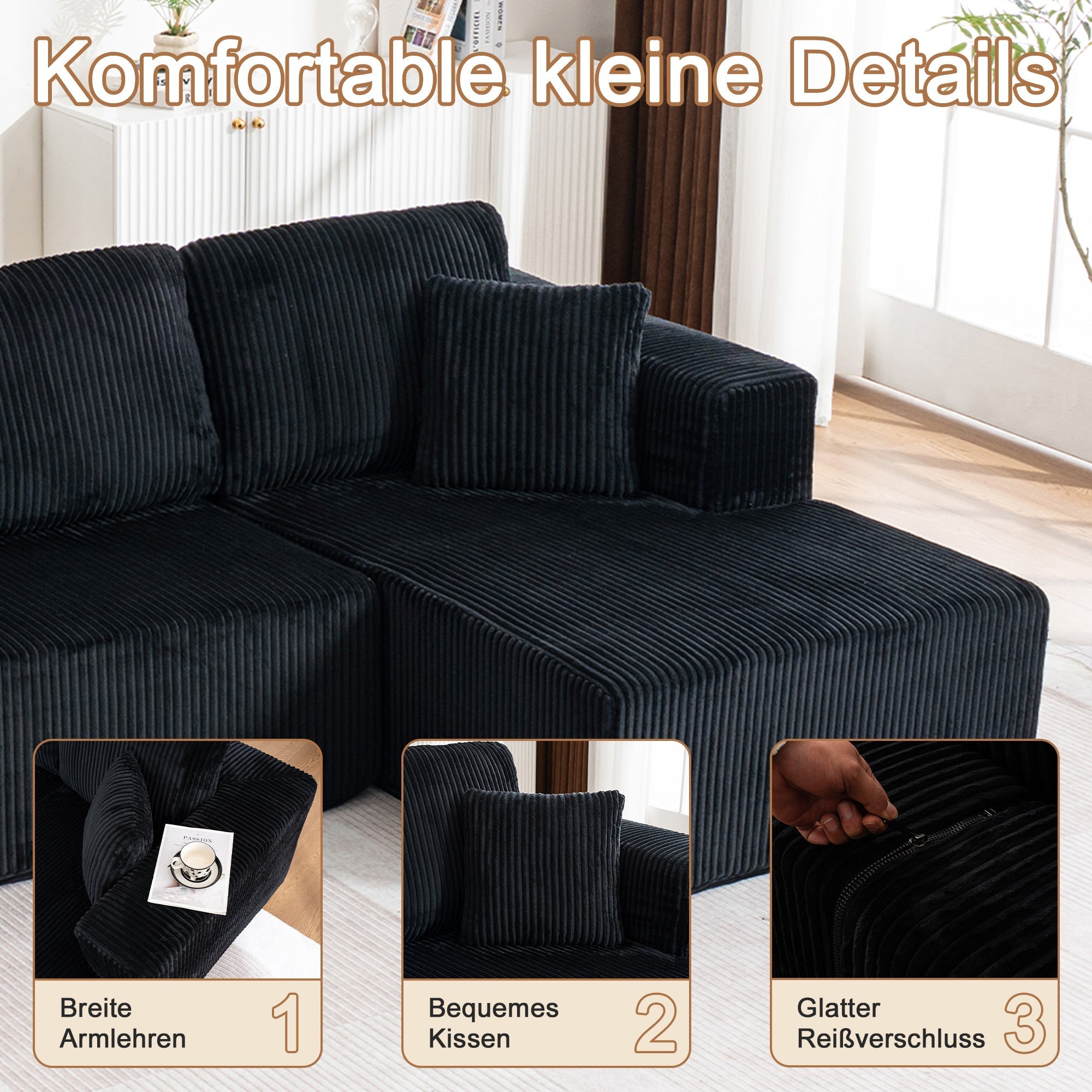 Modern U-Type Modular Sofa with Lounge Chairs and High-Density Sponge, Lamp Plush Fabric