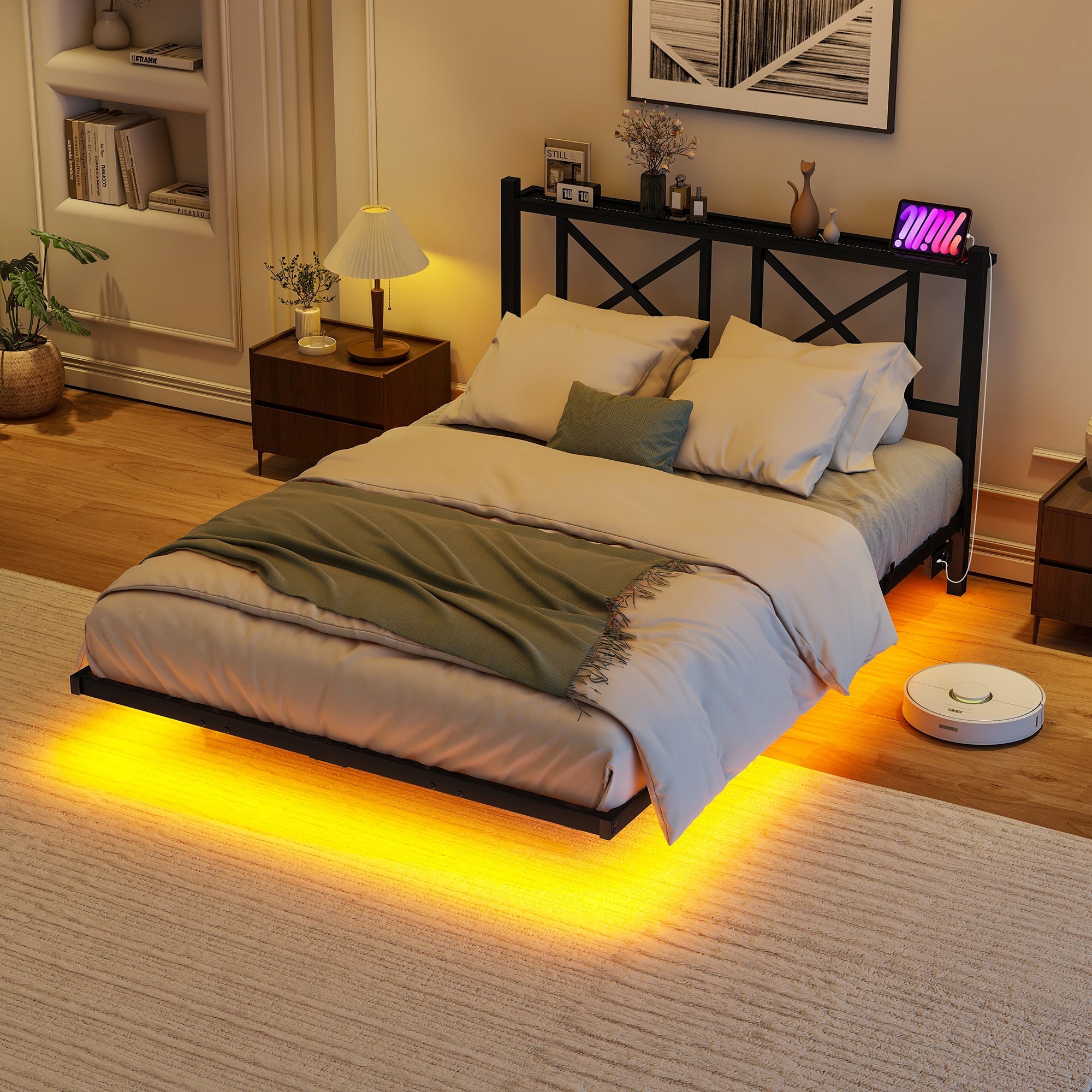 Double Bed Frame 120x200cm LED Charging Station Floating Design - Metal