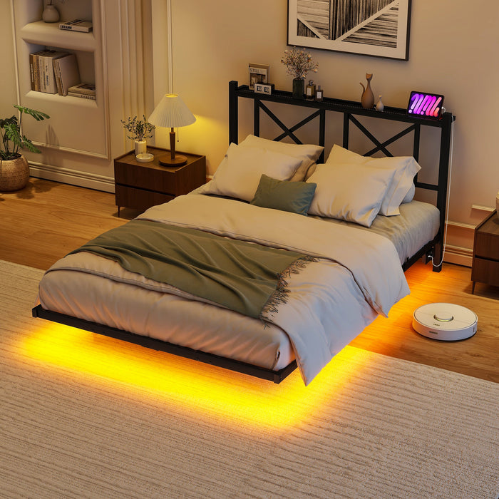 Double Bed Frame 120x200cm LED Charging Station Floating Design - Metal