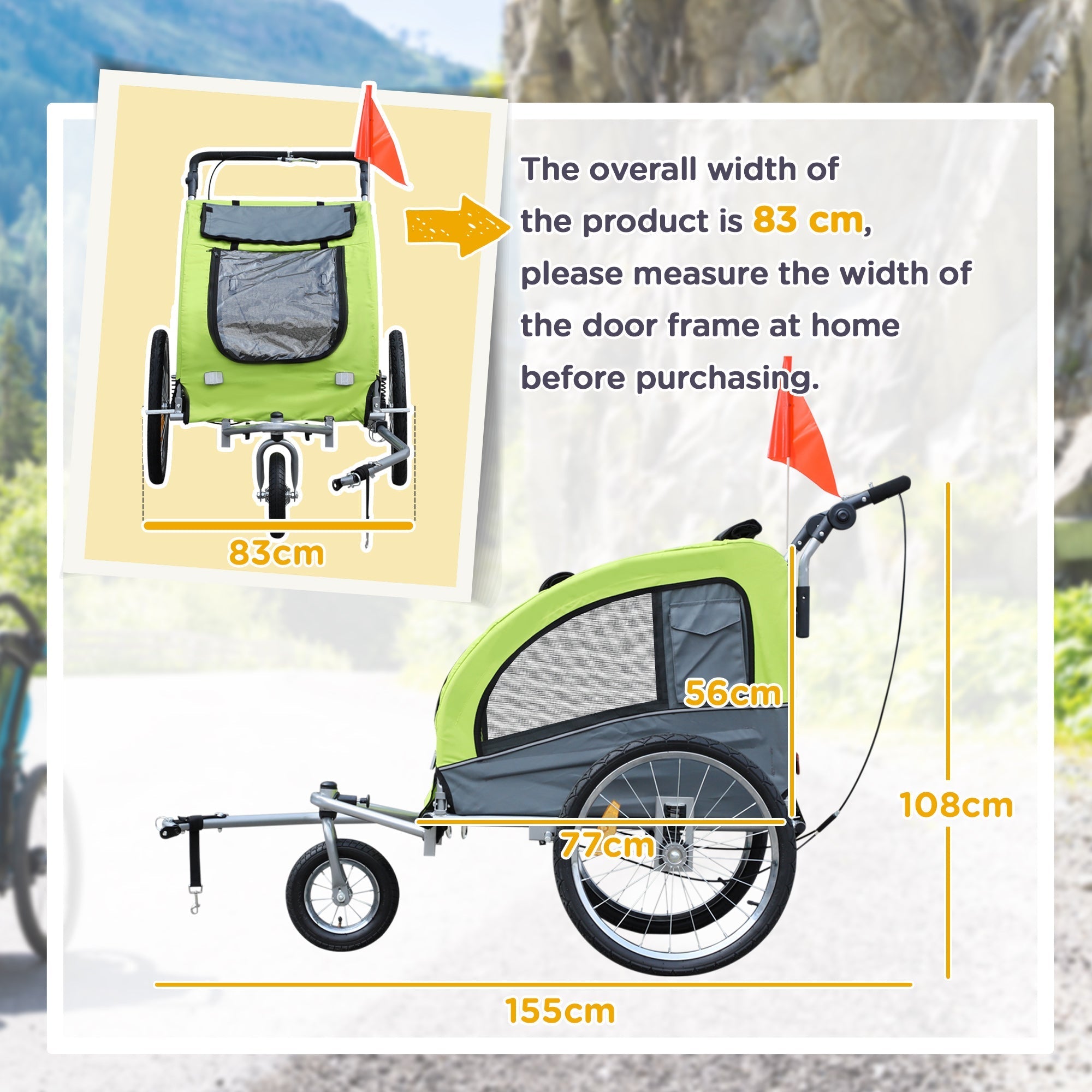 Dog Trailer Jogger Bike Trailer, Large & Sturdy, with Safety Flag, Green+Gray