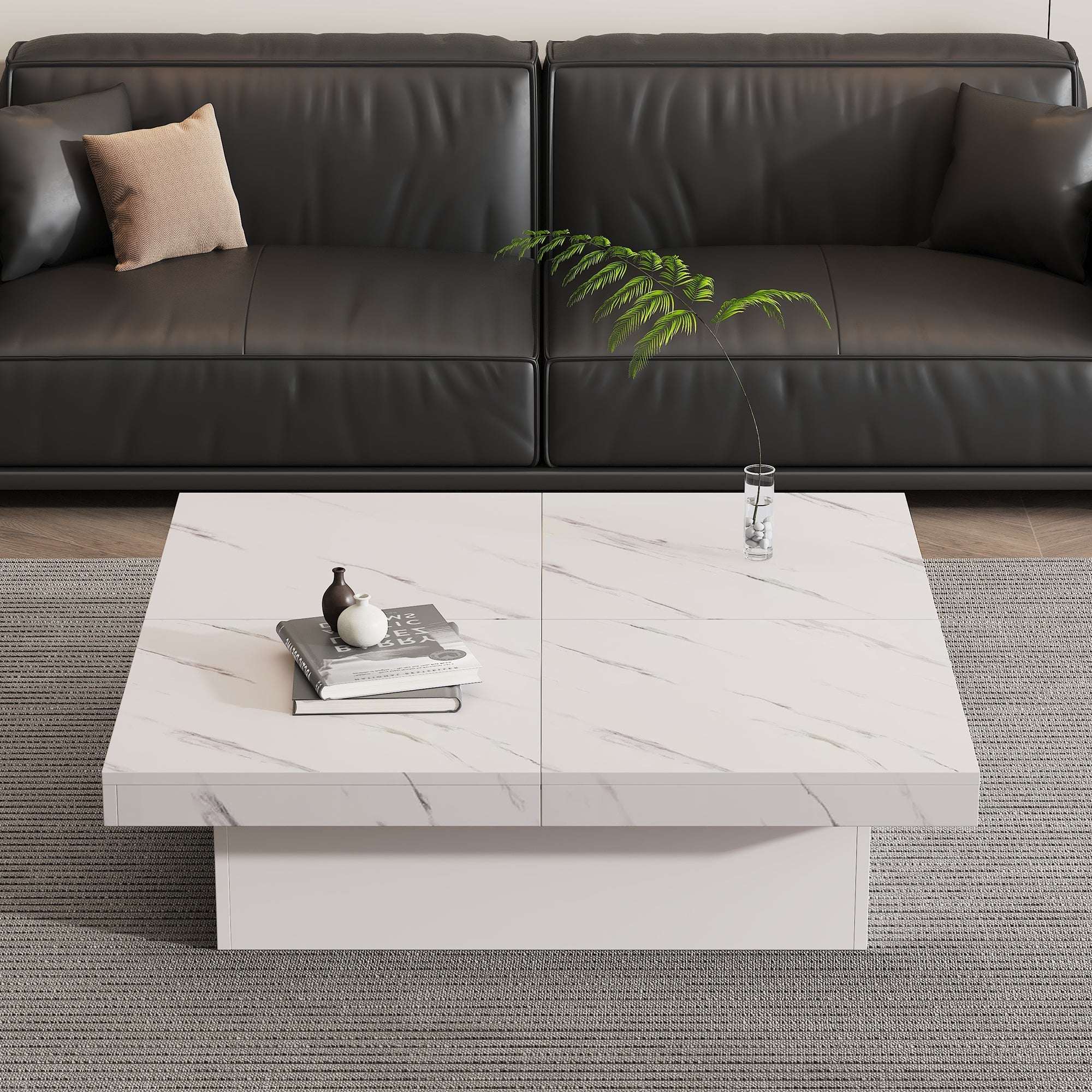 Modern white square coffee table, 90 x 90 x 25 cm with four drawers, sliding tabletop, 30 kg load capacity, marble look