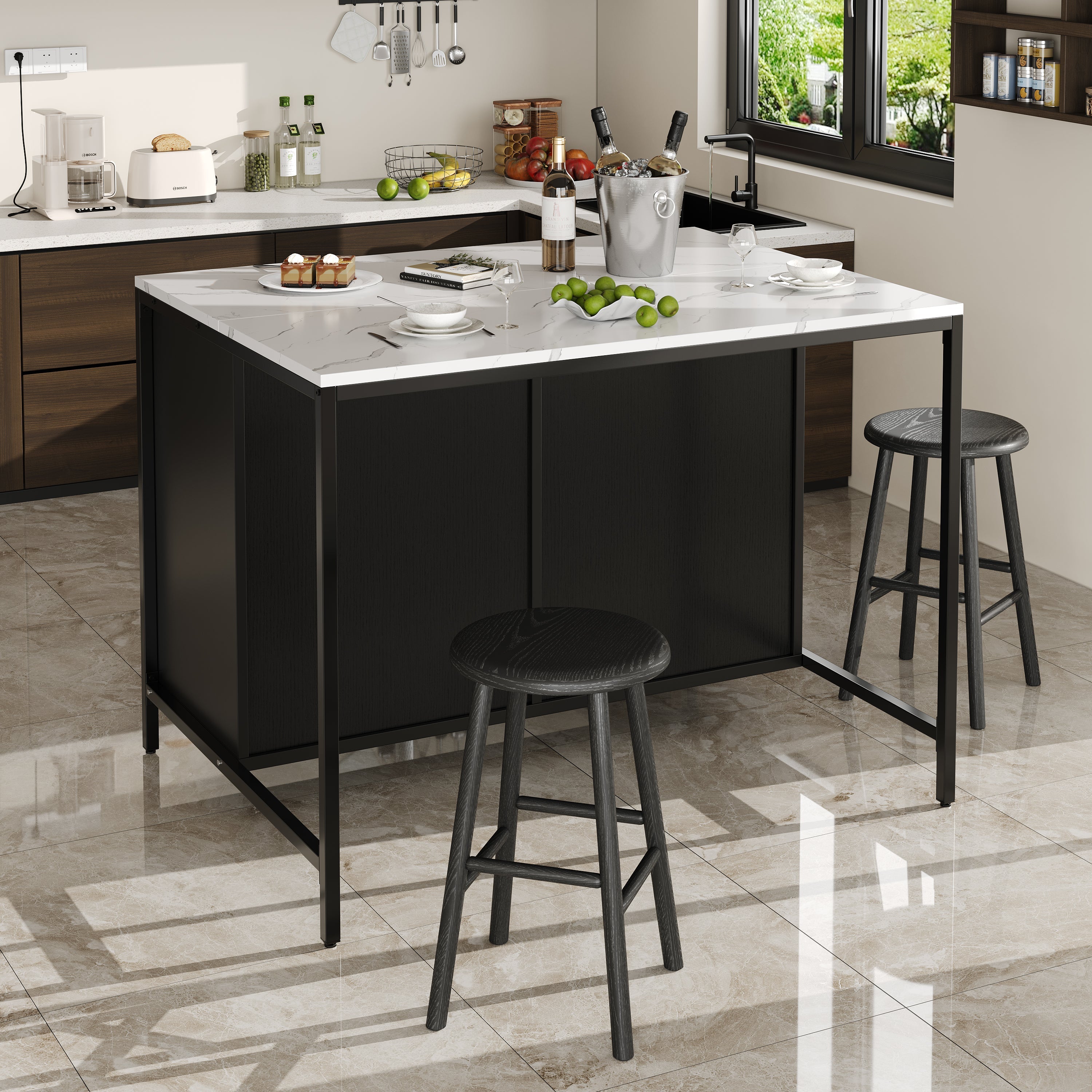 Black Bar Table with Marble Texture Tabletop and Adjustable Feet, MDF