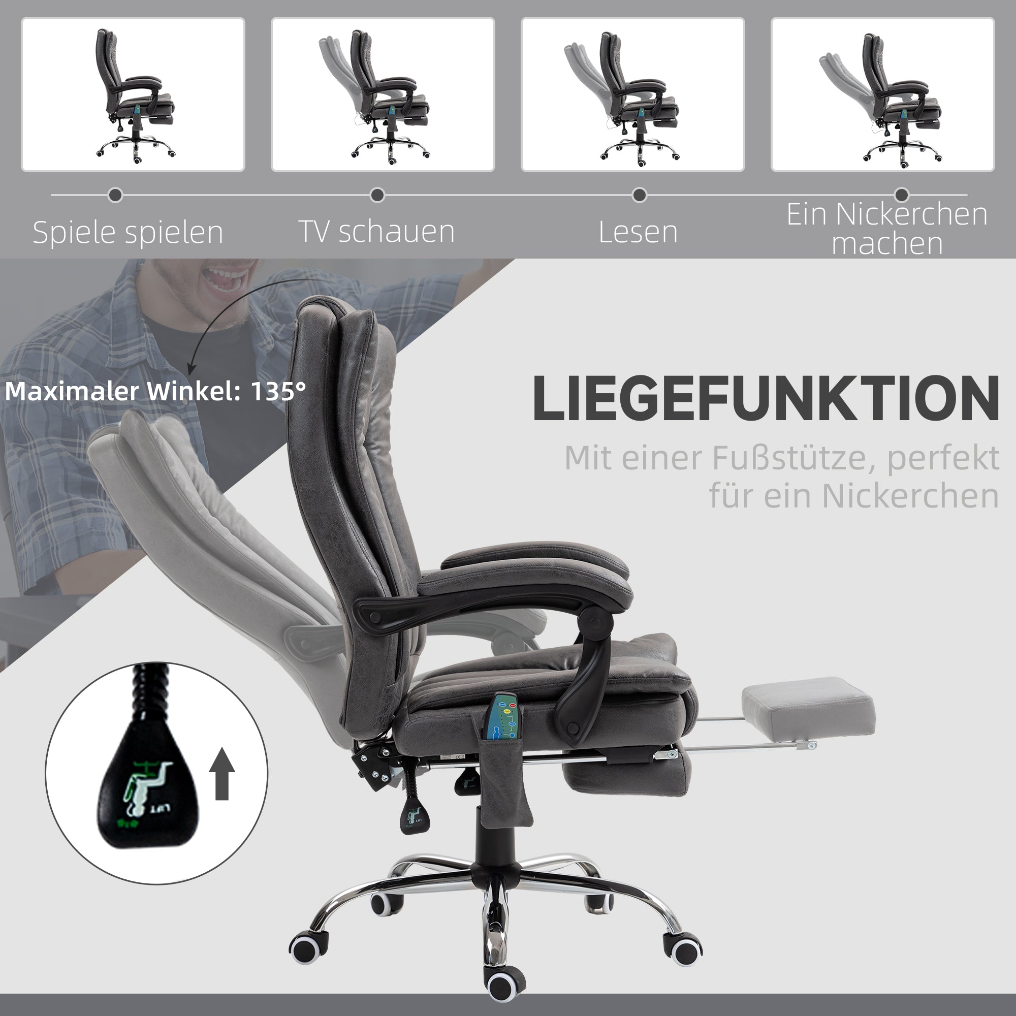 Vinsetto Office Chair with Massage & Heat, Adjustable Footrest, Grey