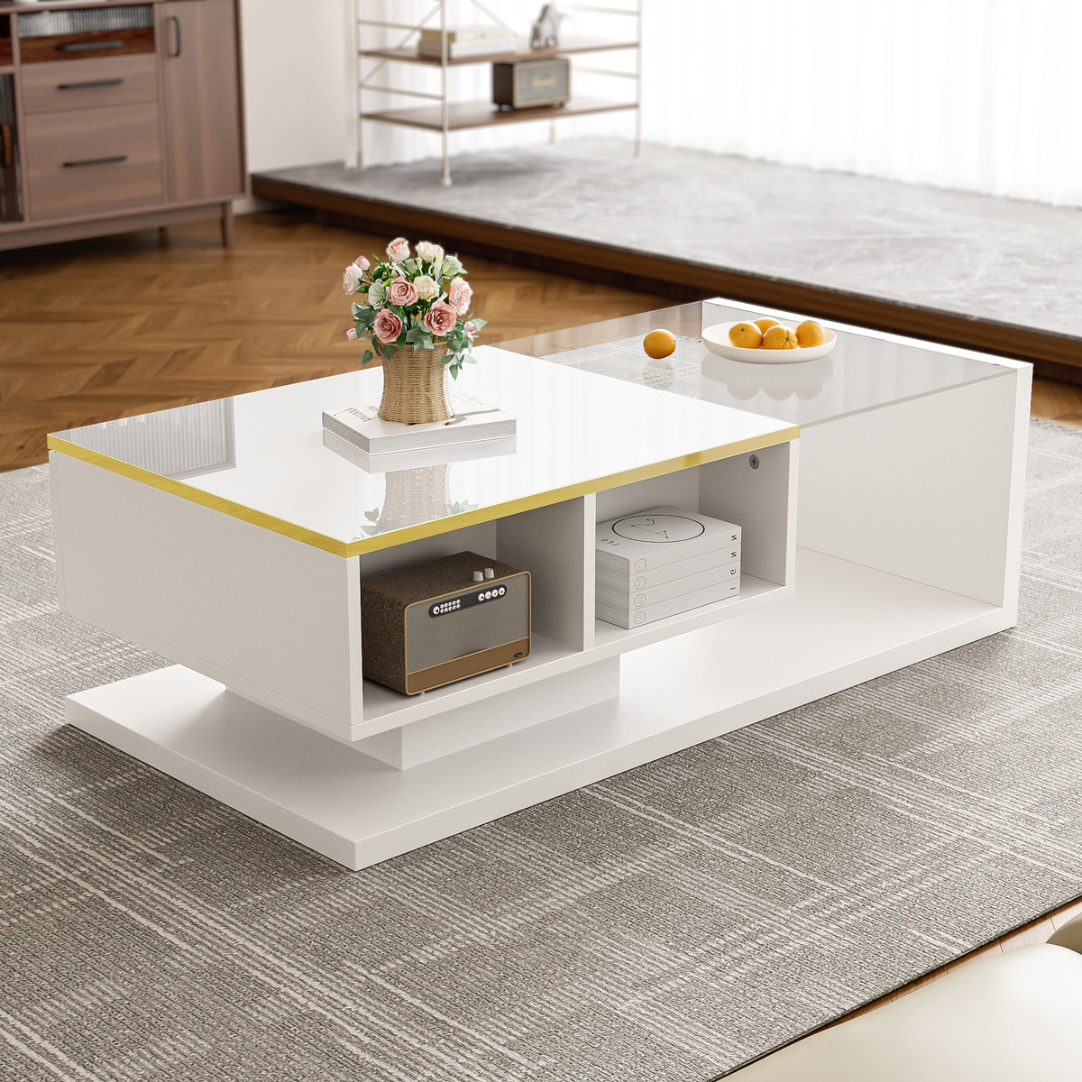 Coffee Table 100cm Long Glass LED Effect High-Gloss White