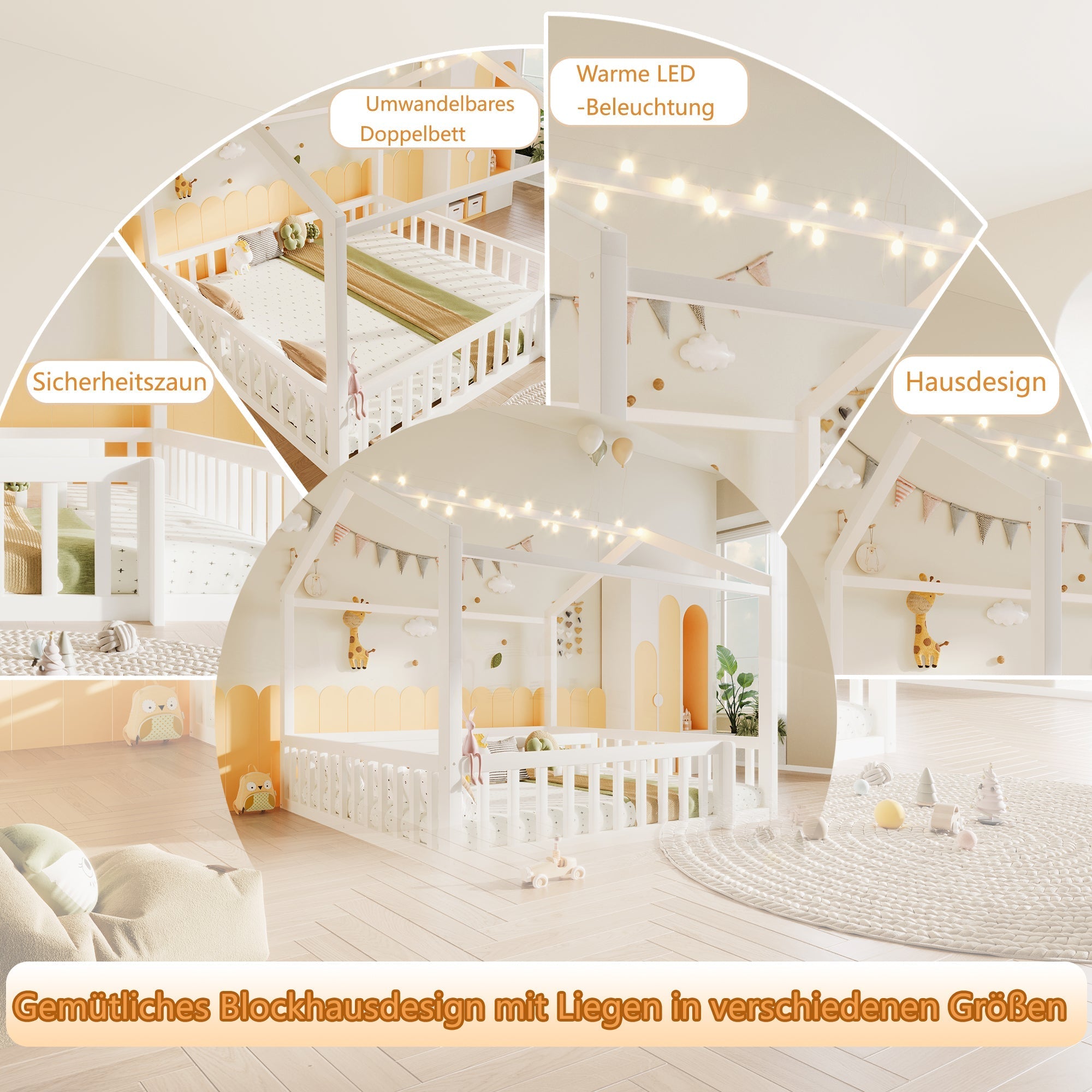 Flatbed Convertible Children's Bed 90x190cm to 180x190cm House Rail LED Lights Pine Wood White