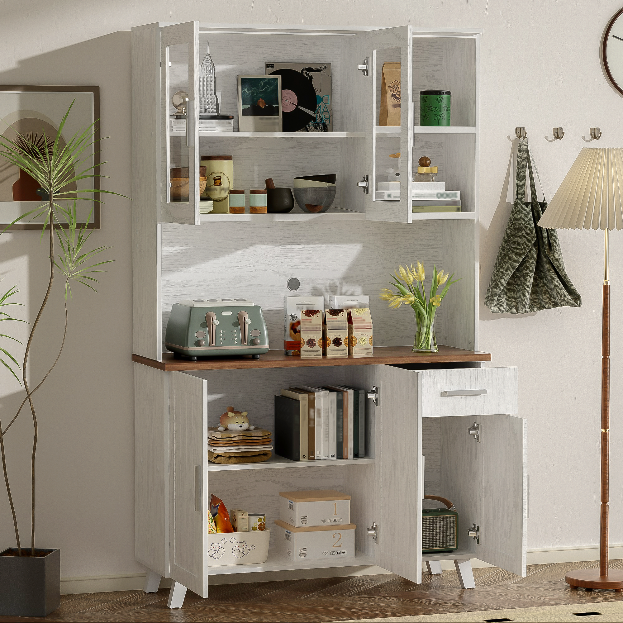 Sideboard, Tall Cabinet with Glass Panels, White Wood Grain