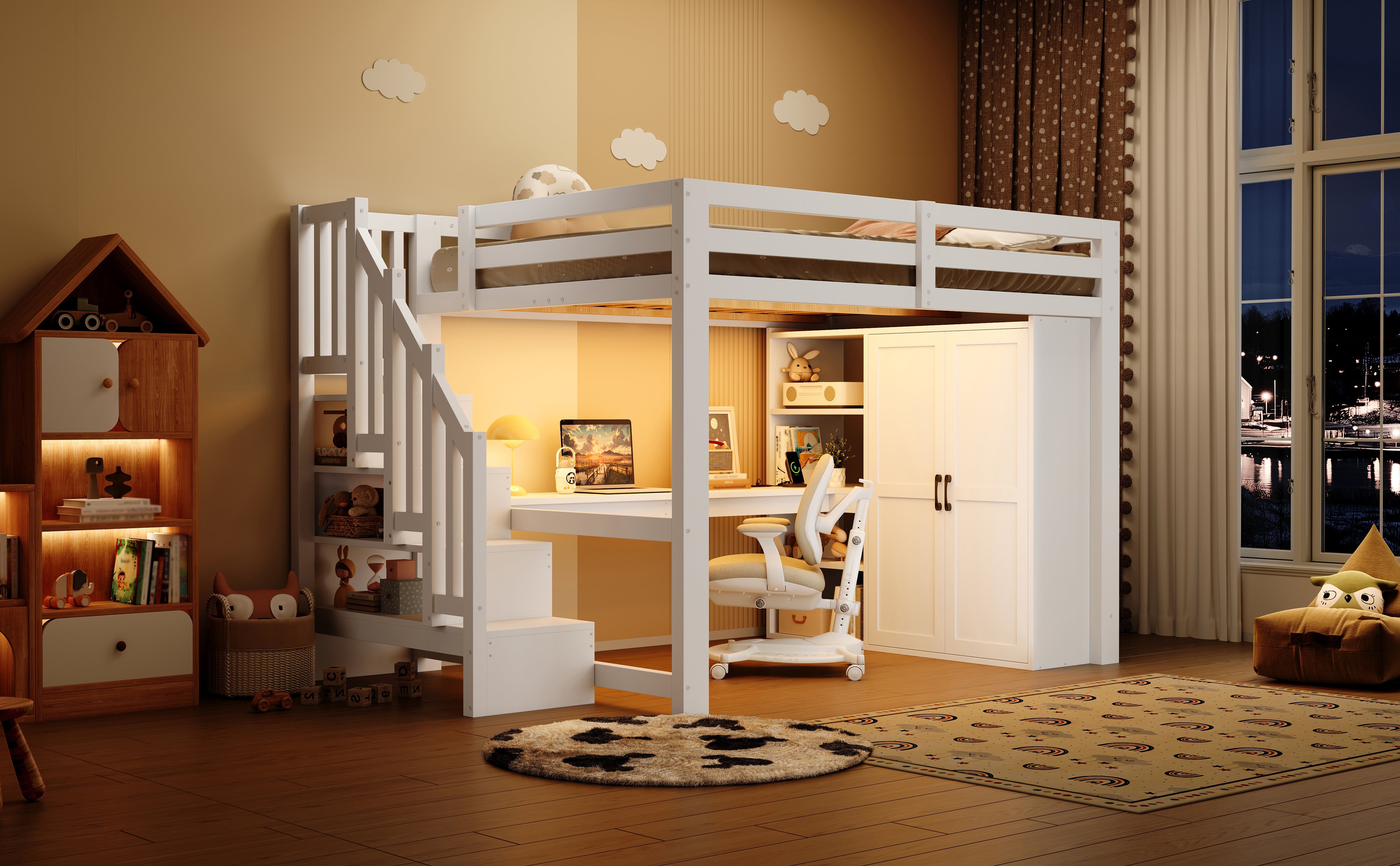 140x200 Loft Bed with Desk, Shelf, Wardrobe, Storage Stairs, USB and LED Lights, White