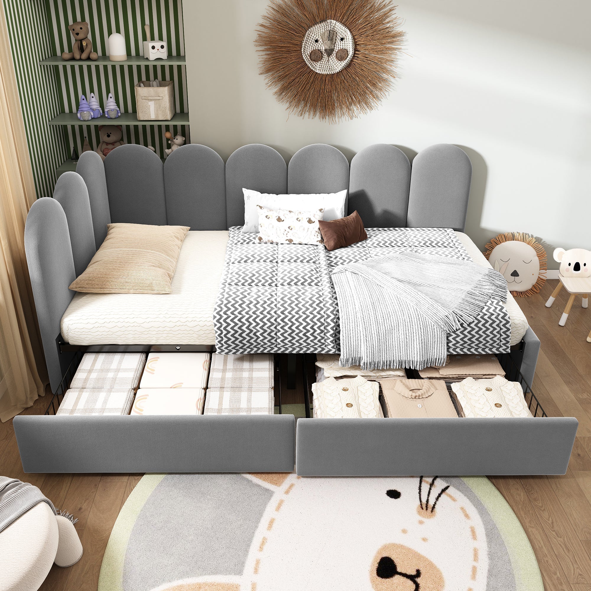 Upholstered Single Daybed 90x190cm Storage Drawers - Grey Velvet
