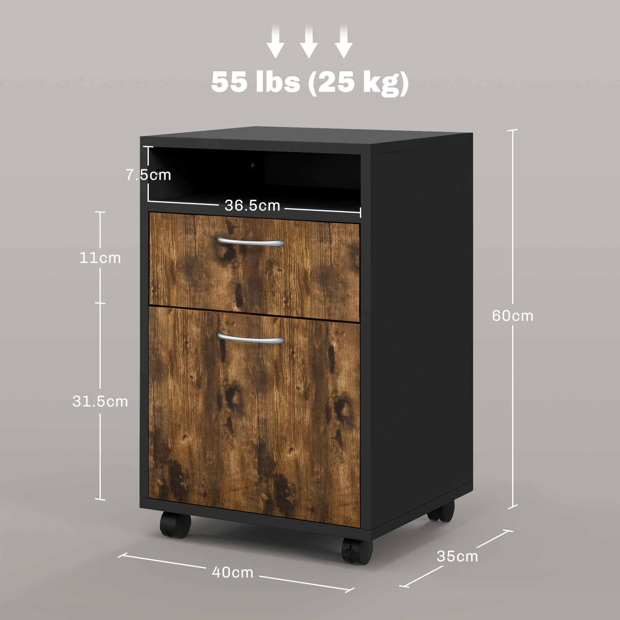 Filing Cabinet 60cm Drawer Open Shelf Mobile Wheels Rustic Brown