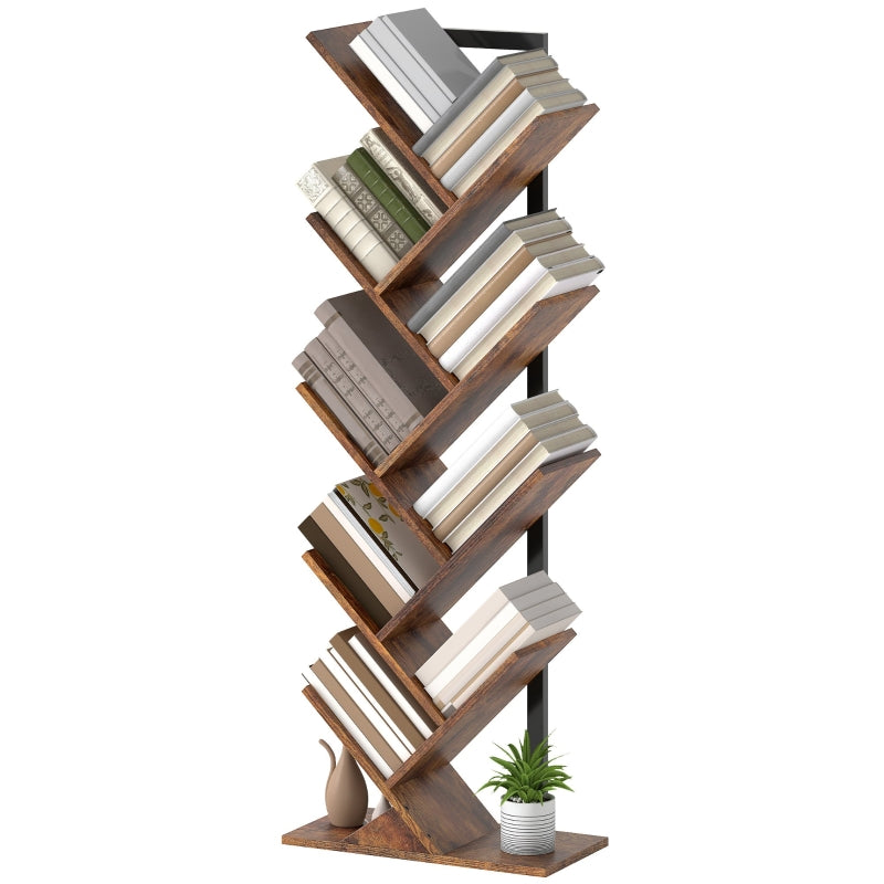 Bookshelf Standing Shelf 9 Levels Tree Shape, Rustic Brown
