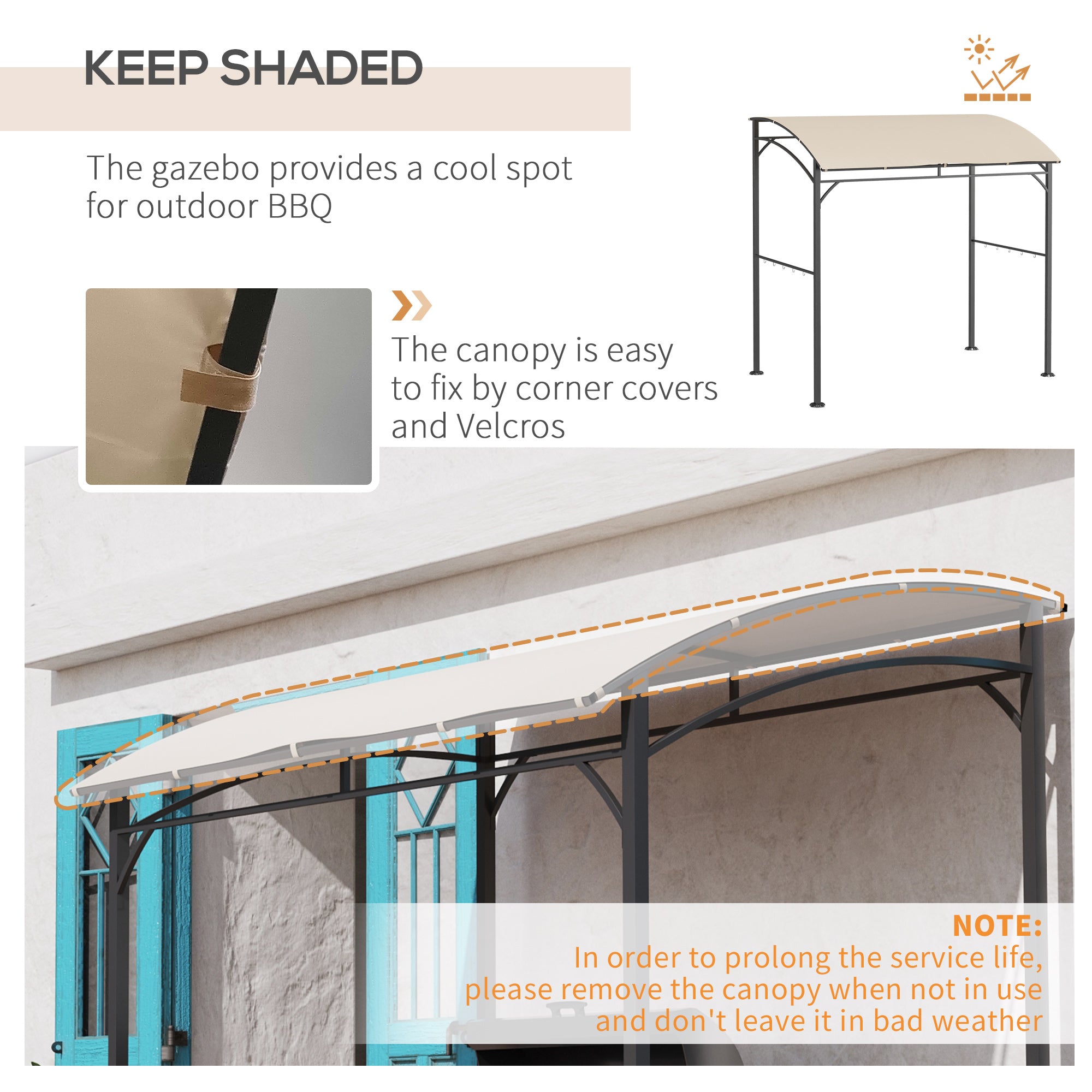 BBQ Grill Gazebo Tent 2.2 x 1.5 m, Metal Frame Curved Canopy 10 Hooks, Beige
