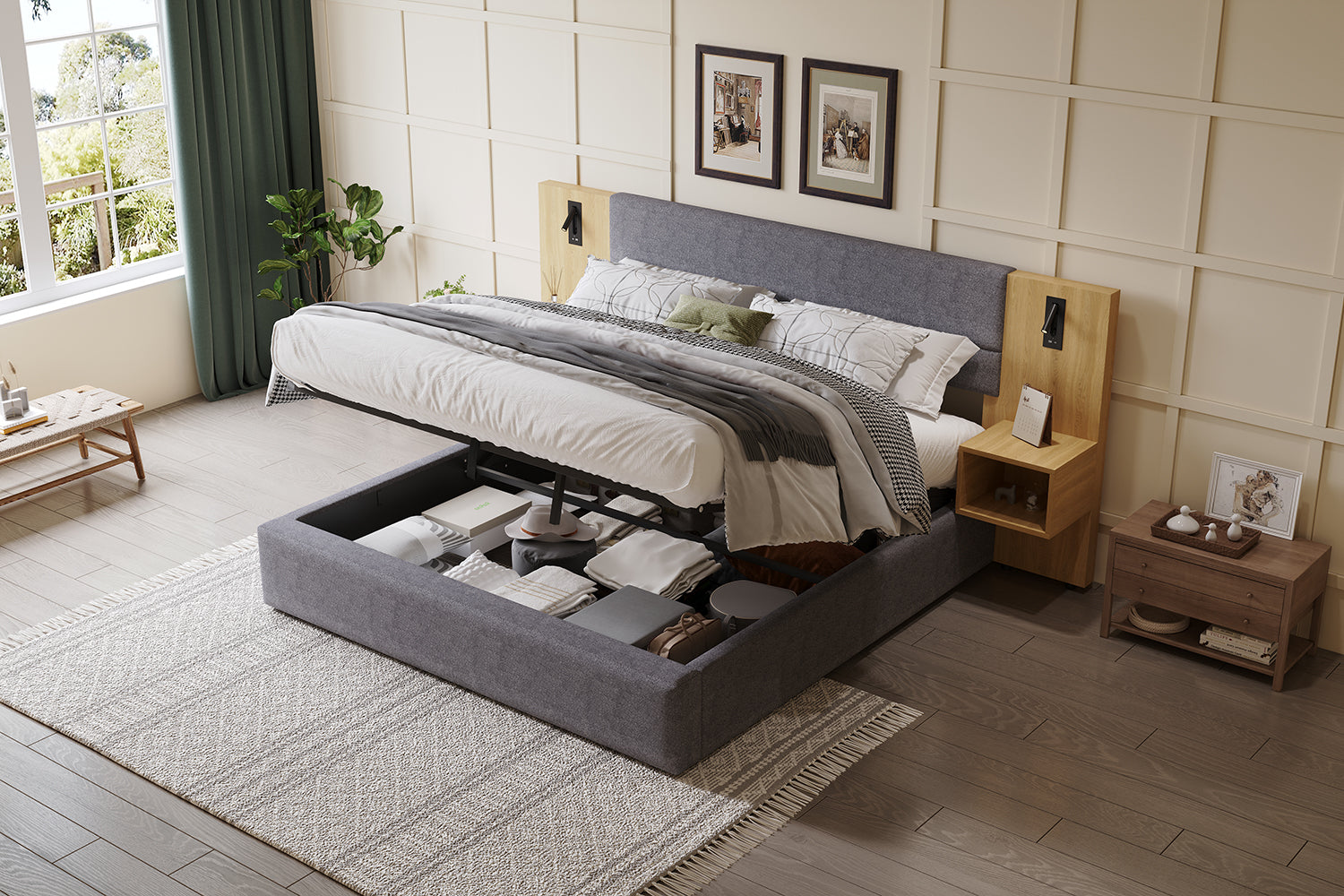 Upholstered Bed 180x200cm Hydraulic Storage USB LED 2 Bedside Tables - Velvet Grey/Natural
