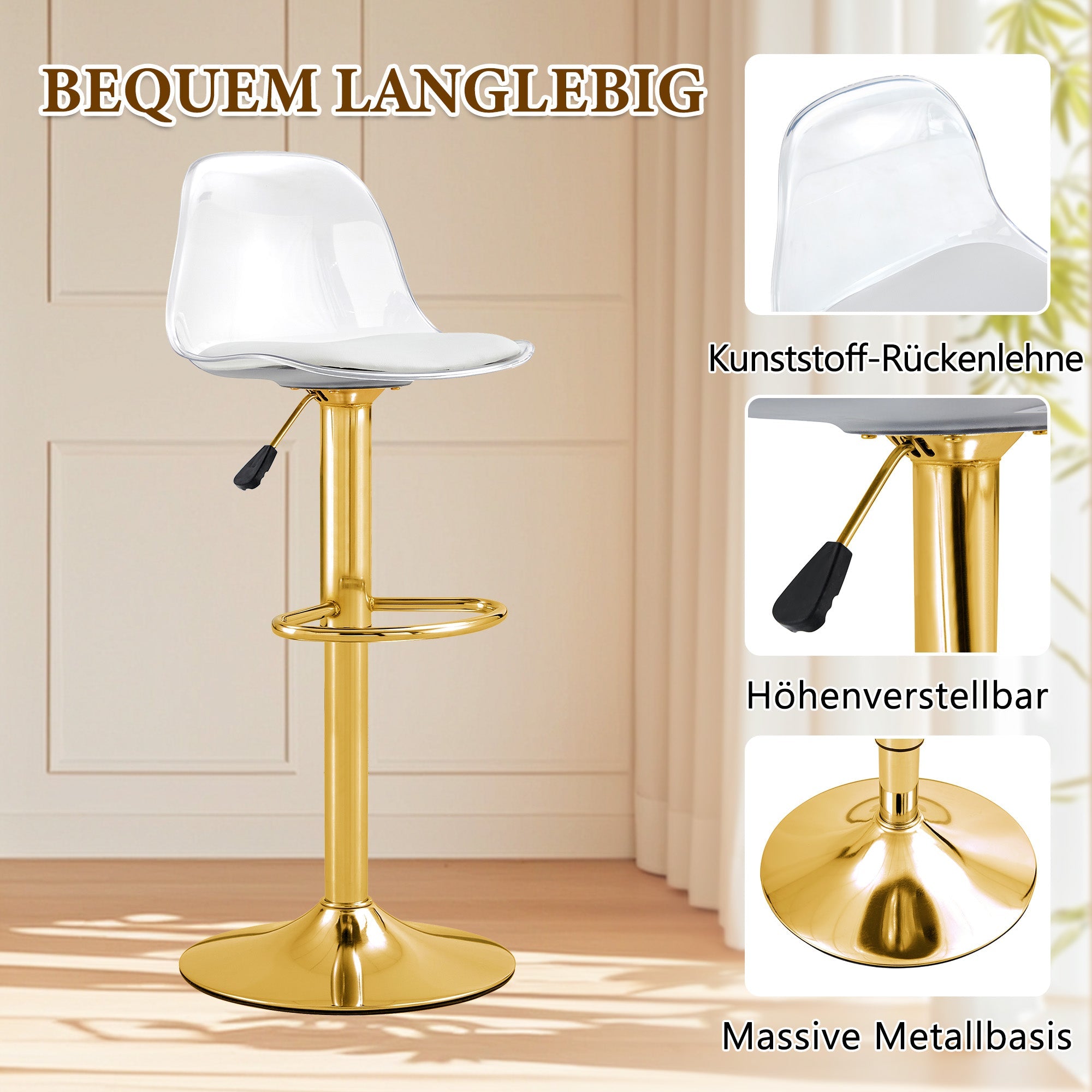 2er-Set Barhocker Höhenverstellbar 360° Drehbar Transparente Rückenlehne - Gold Metall