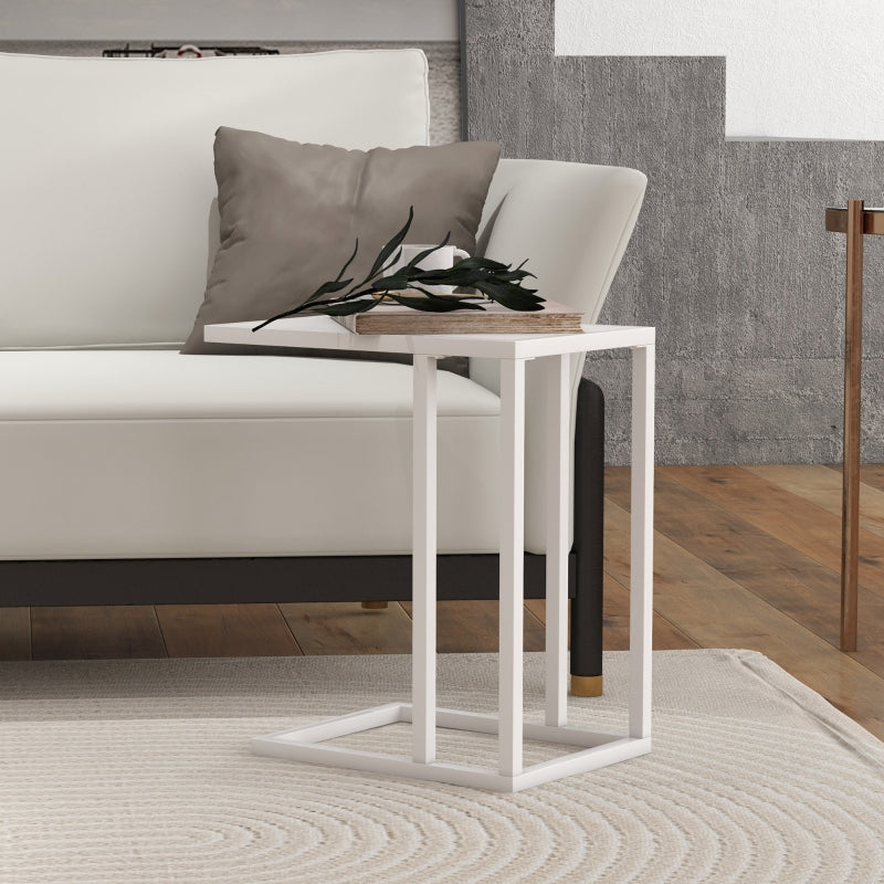 C Shape Bedside Table, Narrow Snack End Table, Metal Frame Wood-Effect Top, White