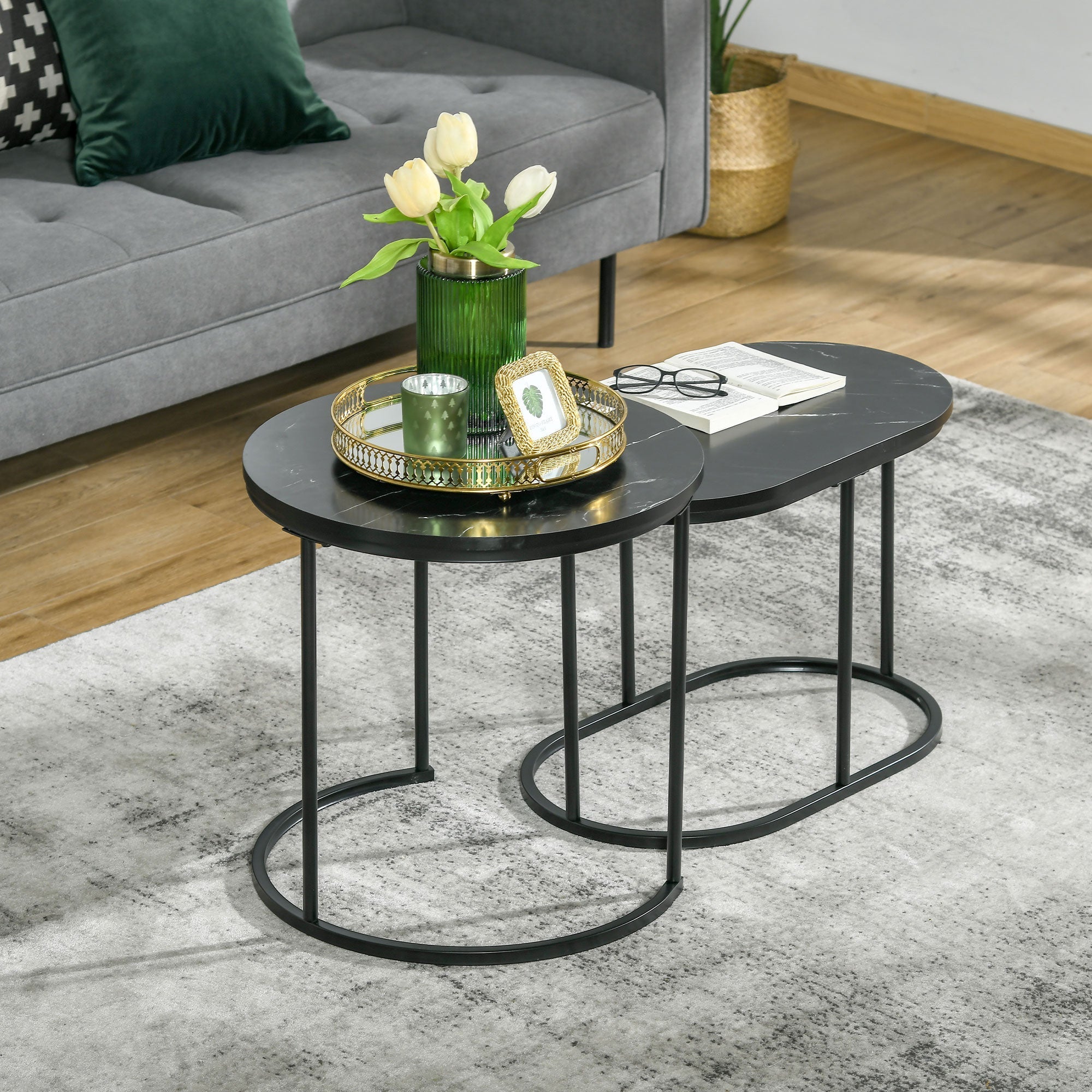 Couchtische, stapelbar, rund, oval, MDF & Stahl, schwarz