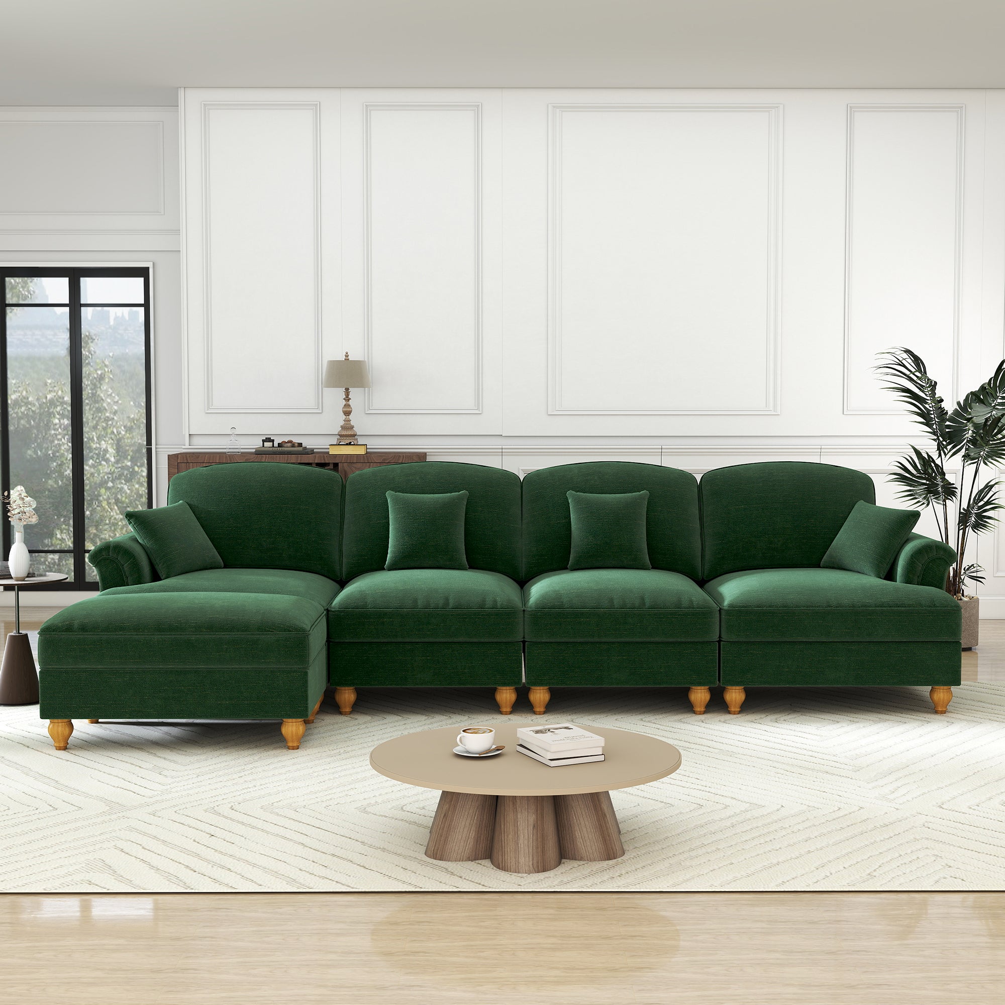 Classic Modular L-Shaped 4-Seater Sofa w/ Movable Ottoman Deep Seat, Chenille Green