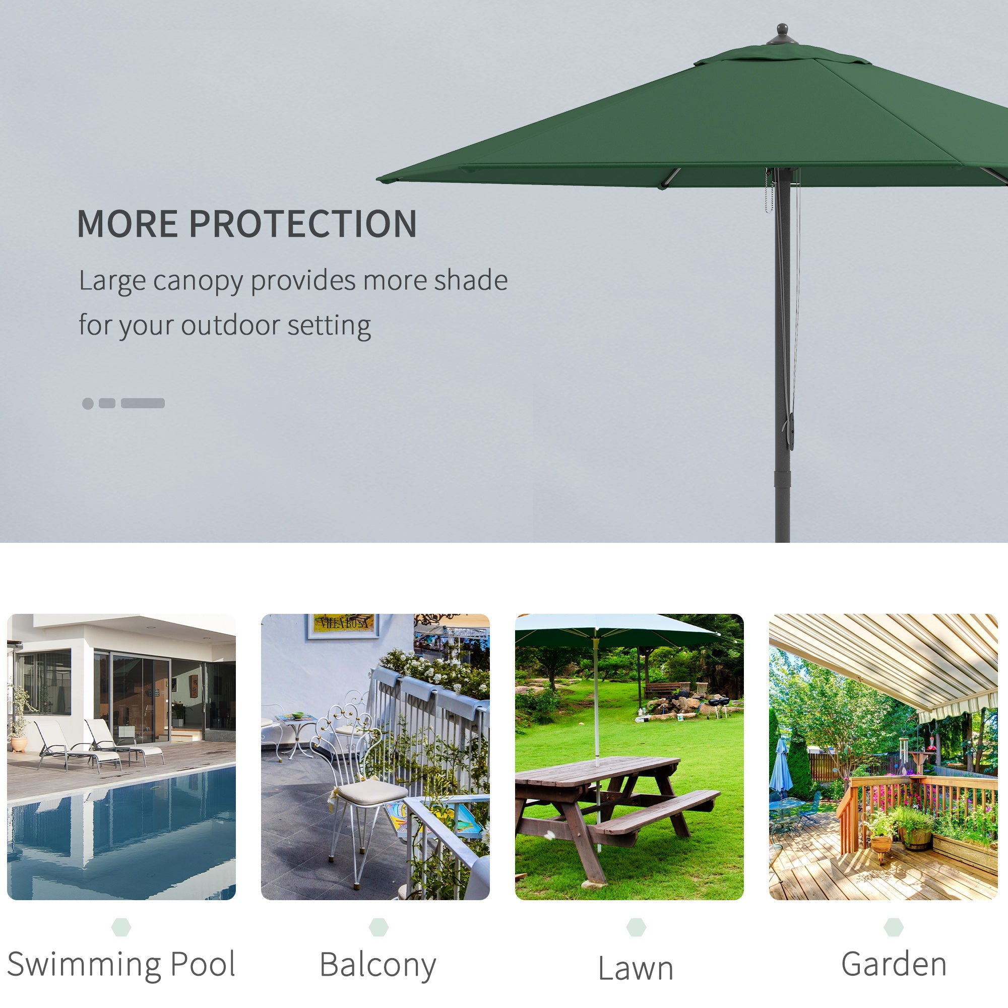 Garden Parasol Umbrella, 2.8m Round Market Sun Shade Canopy, Green