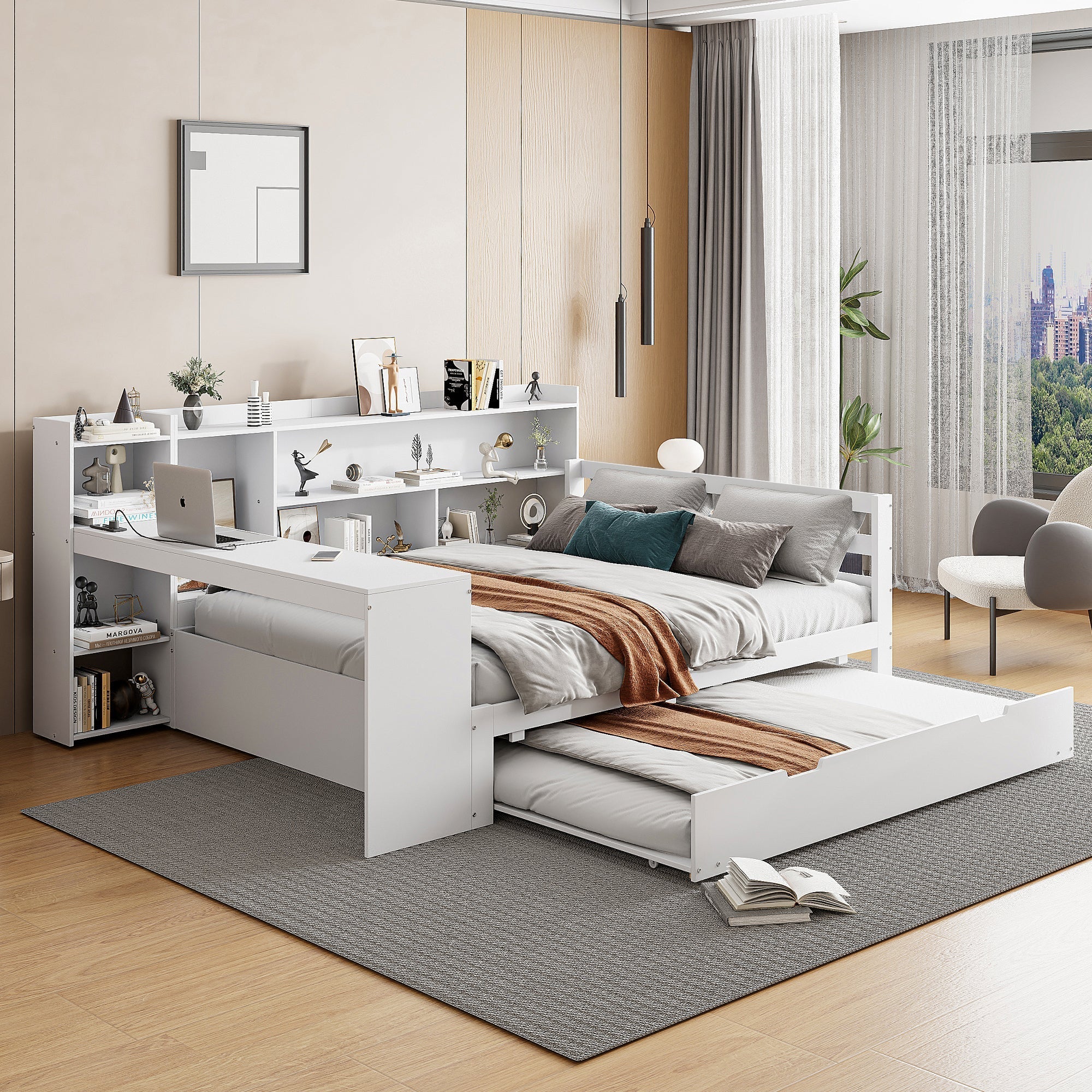 Sofa Bed, Multifunctional Double with Desk, Bookshelves, Storage, Power Outlets, Pull-Out Bed, Solid Wood