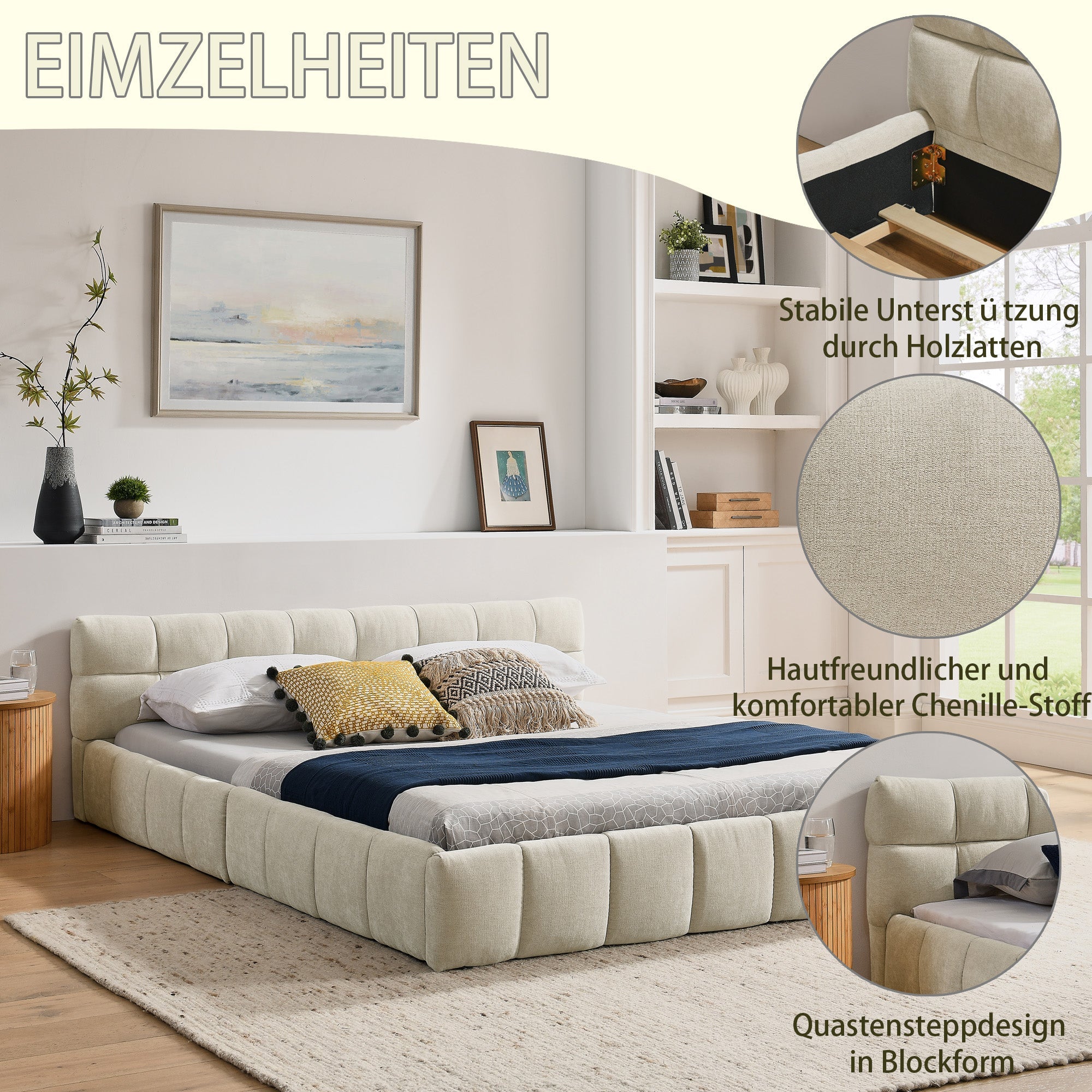 Double Bed 160x200cm, Chenille Quilted Eucalyptus Wood Frame, Beige