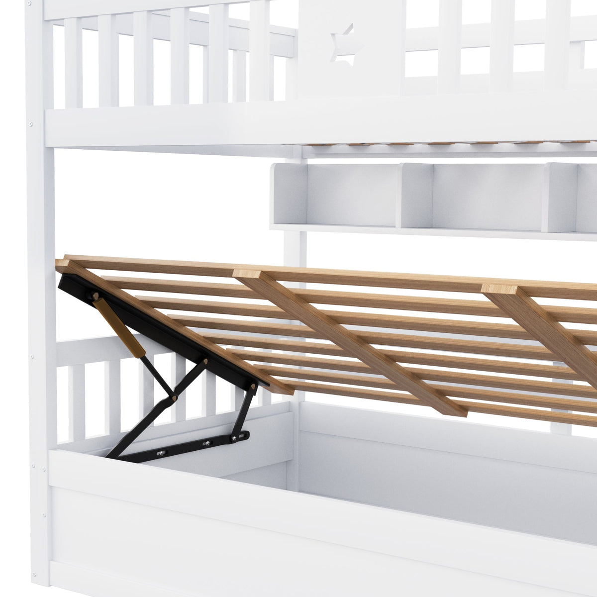 Wooden Bed 90x200cm, Hydraulic Storage, Stairs, Shelves, Loft/Bunk/Youth Bed, White