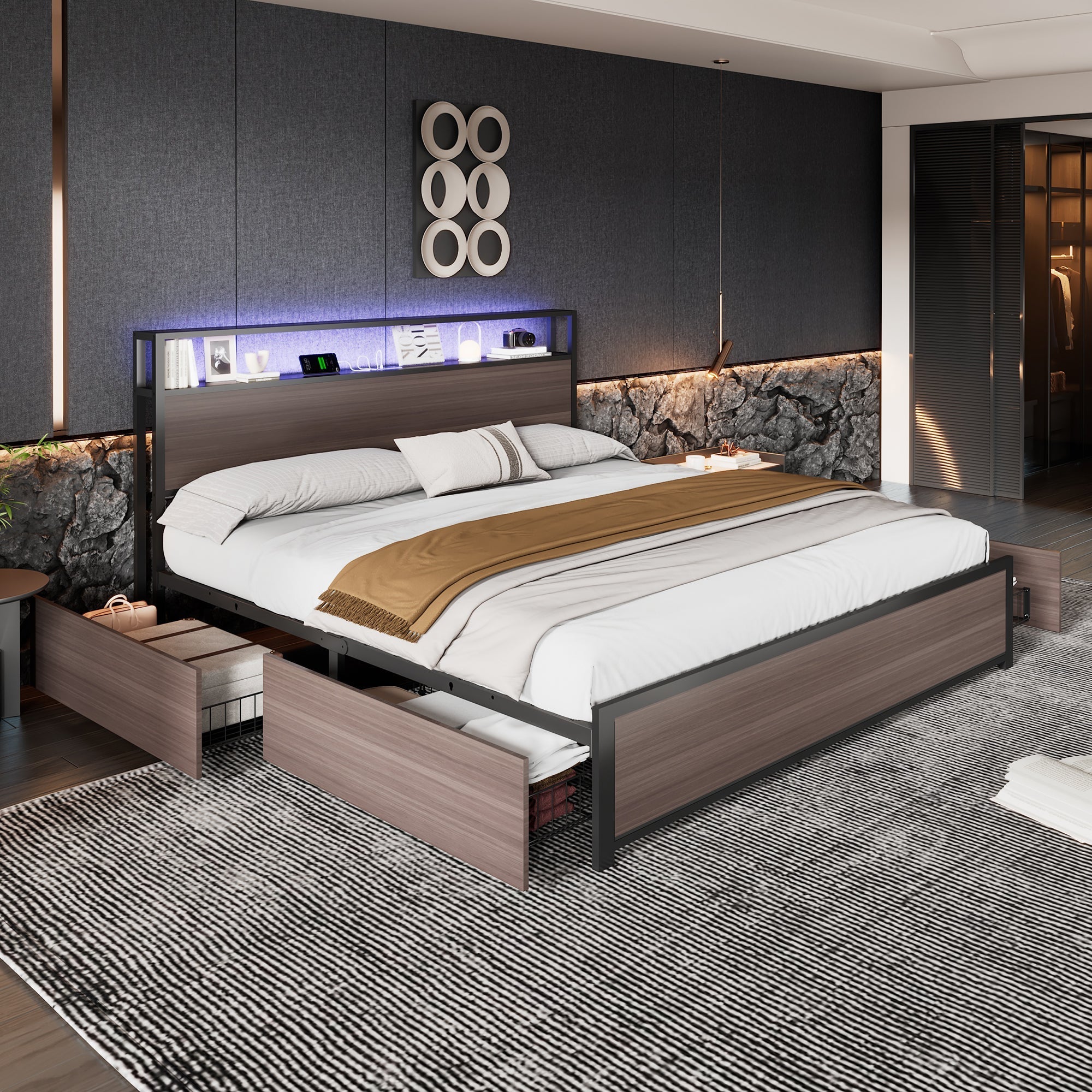 Metal Bed, 4ft6 Double with LED Lights, 4 Drawers, and USB/Type C Ports, Wrought Iron Grey