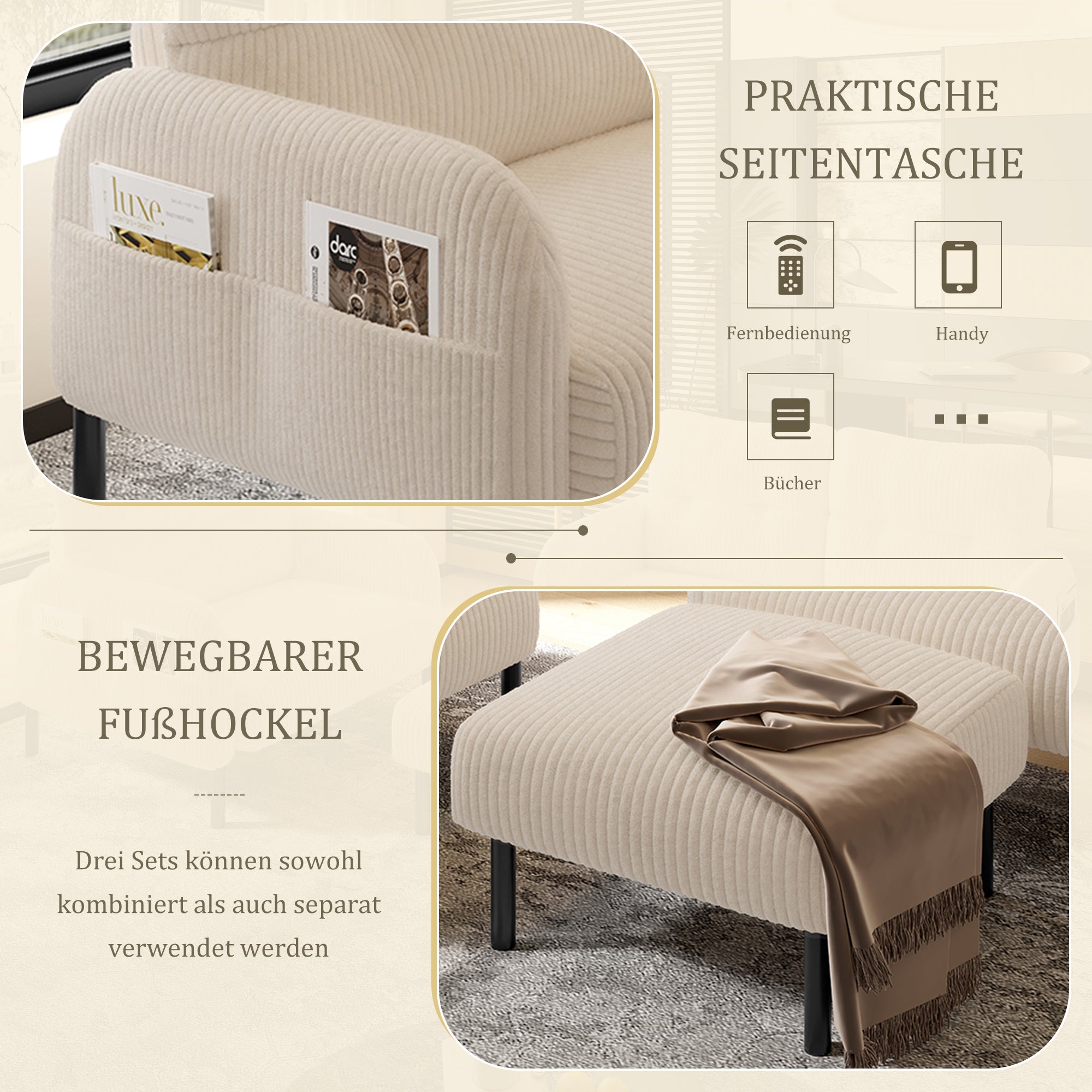 Cord 3-Piece Set Armchair Footstool 2-Seater Sofa Modular Deep Seat, Beige