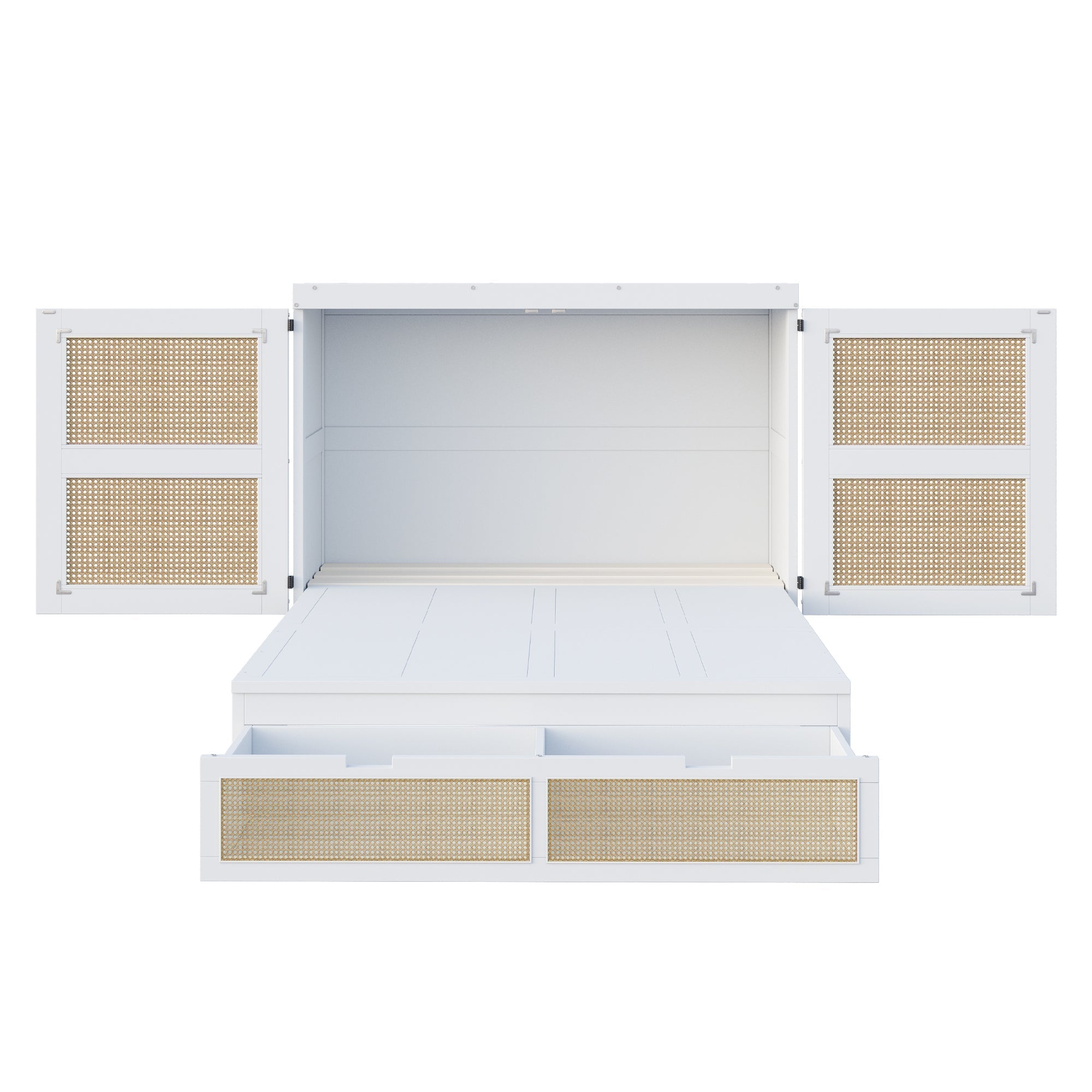 Murphy Bed with Rattan Cabinet Doors and Integrated Storage, White