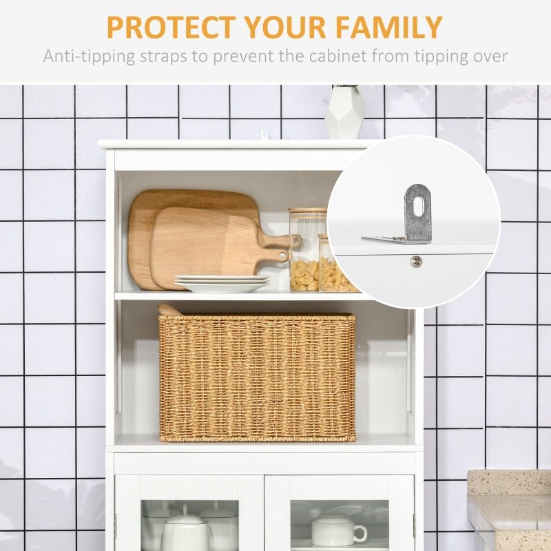 Freestanding Kitchen Cupboard 4-Door Storage Cabinet Adjustable Shelf Glass Doors White Engineered Wood