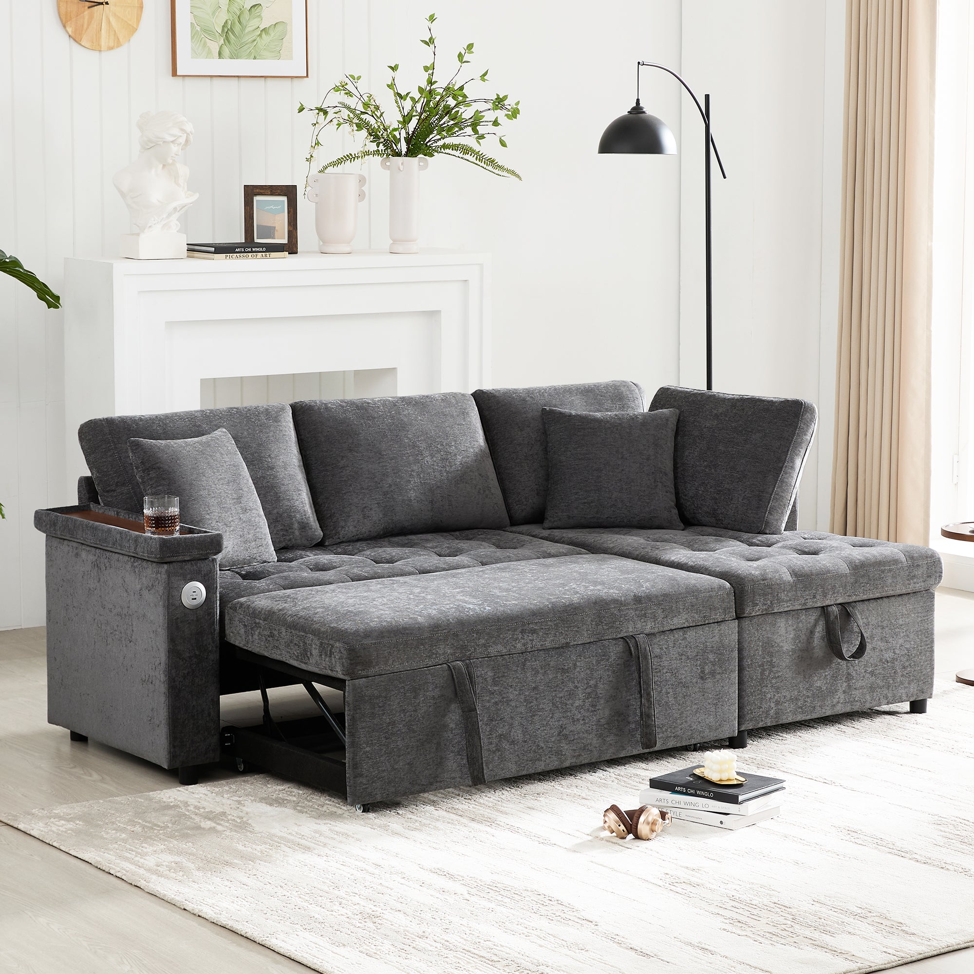 Modern L-shaped Sofa Bed, Pull-out Storage USB Charger Armrest Shelf, Grey