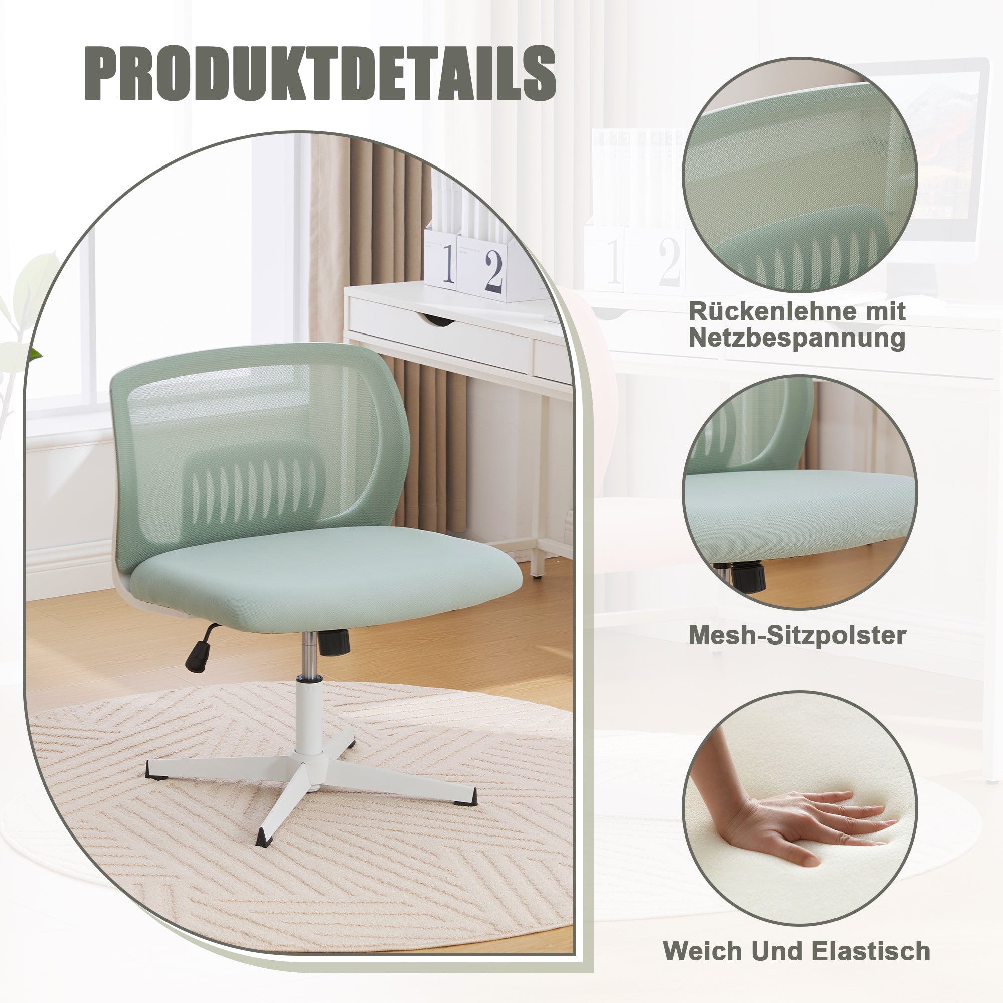 Armless office chairs, reading chairs with wide upholstery, rocking, height adjustable, 360° rotatable