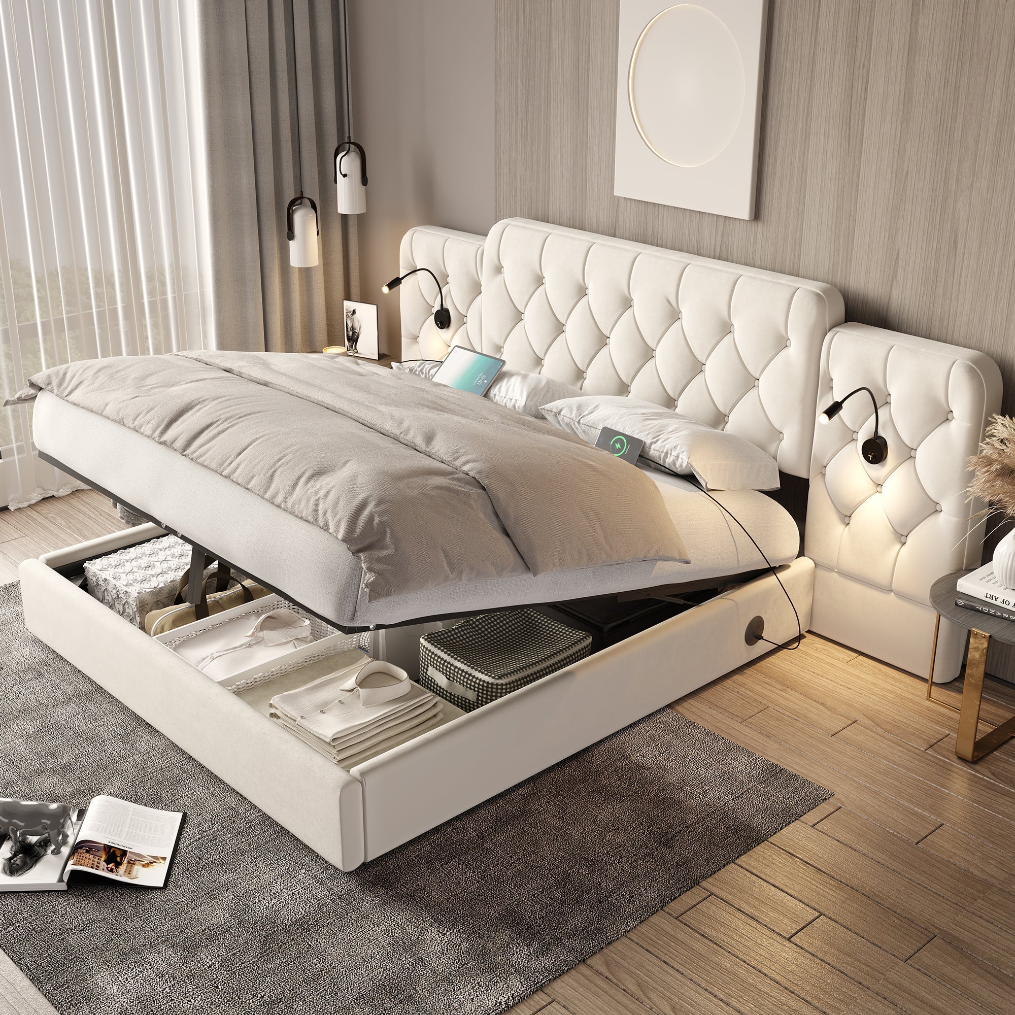 Bed Frame Long Headboard USB/Lamp Hydraulic Storage 160x200cm, Velvet Beige