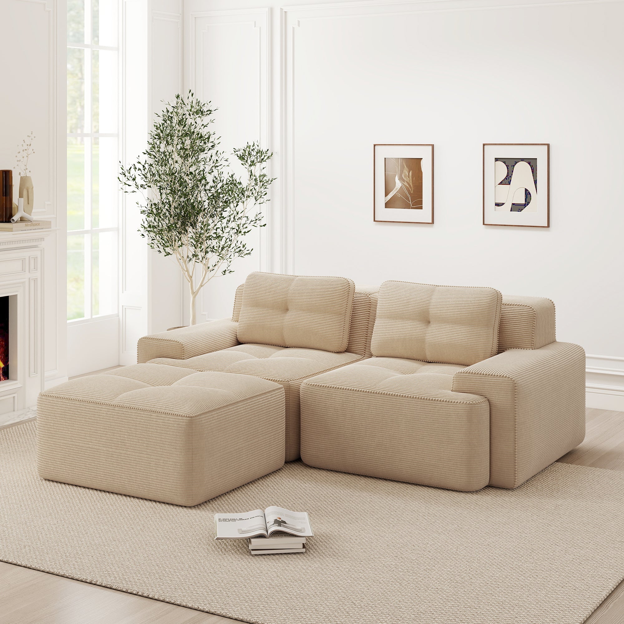Boneless Modular Sofa L-Shape Deep Seat Sleeper with Ottoman Corduroy Beige
