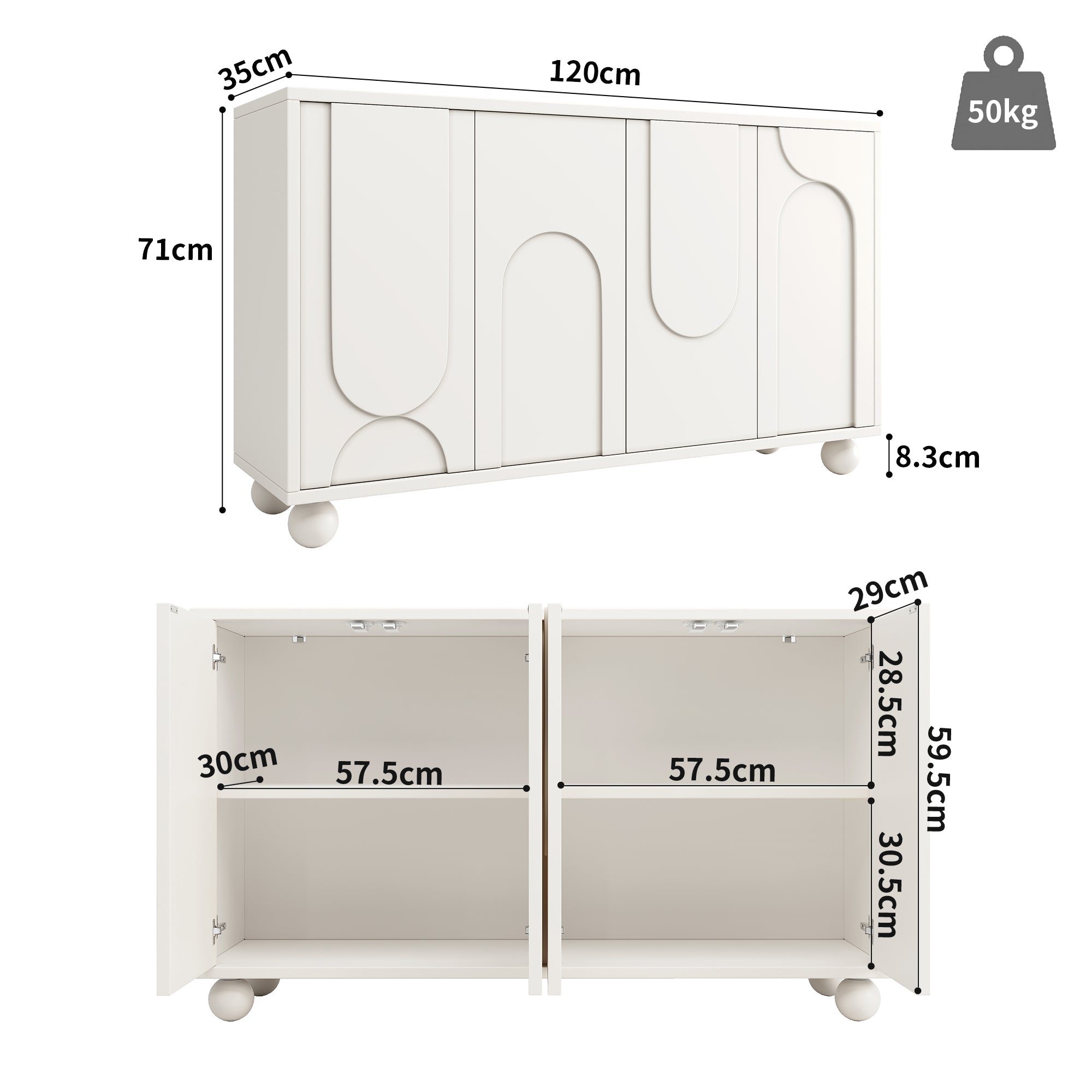 Sideboard Cabinet with Storage and Adjustable Top, White
