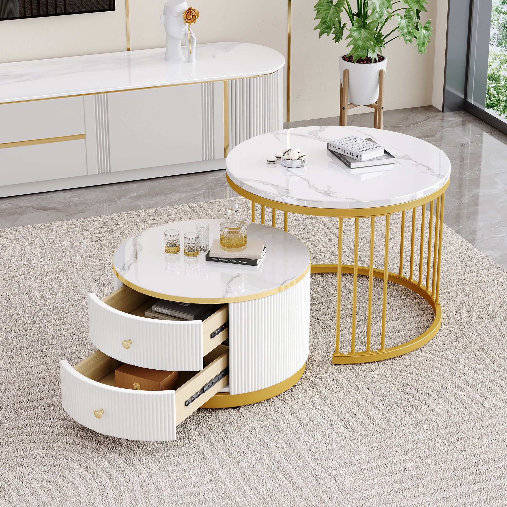 Elegant Nesting Coffee Table Set with Drawers, White Marble Look