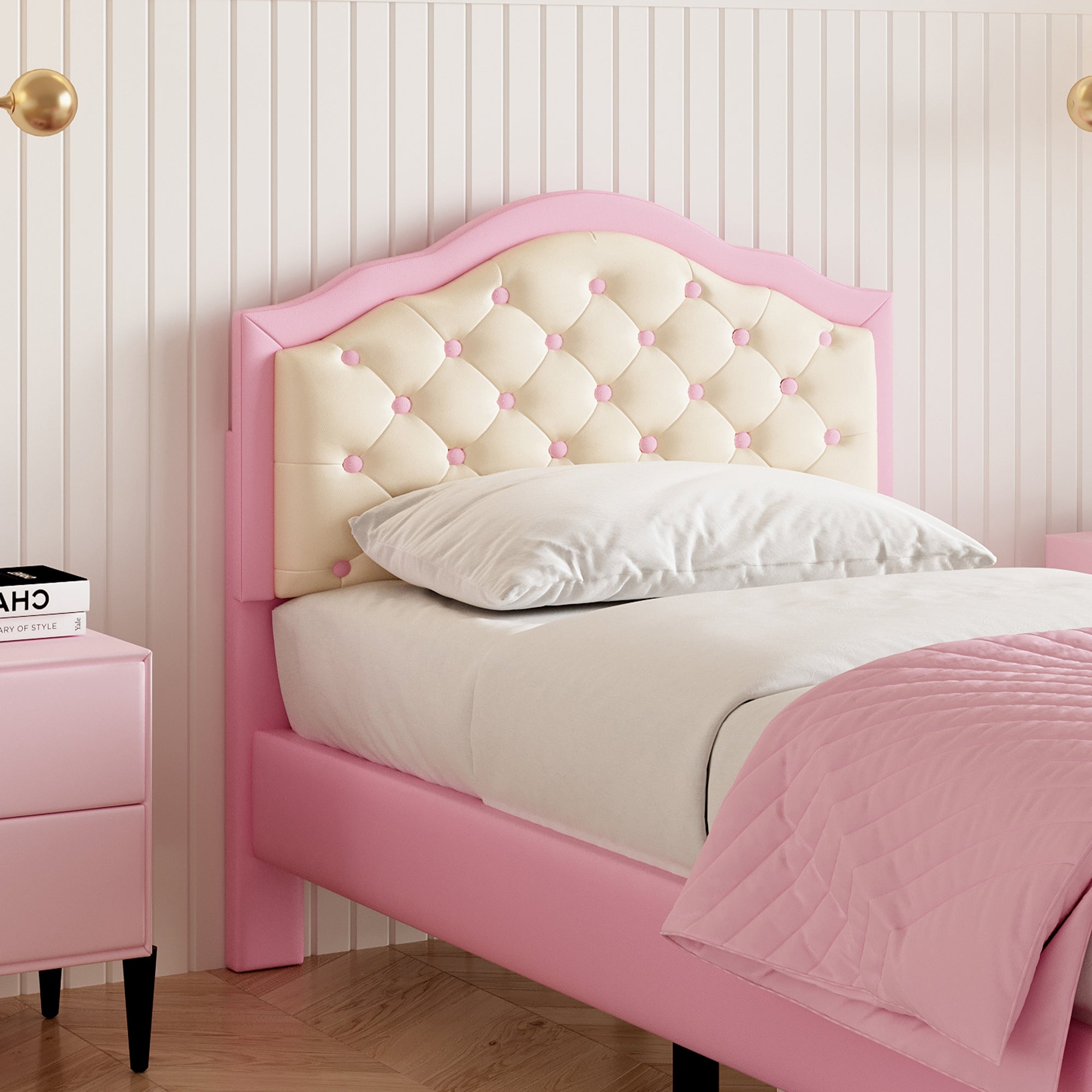 3ft Single Upholstered Bed Frame with Adjustable Chic Button-Tufted Headboard, Pink+Beige