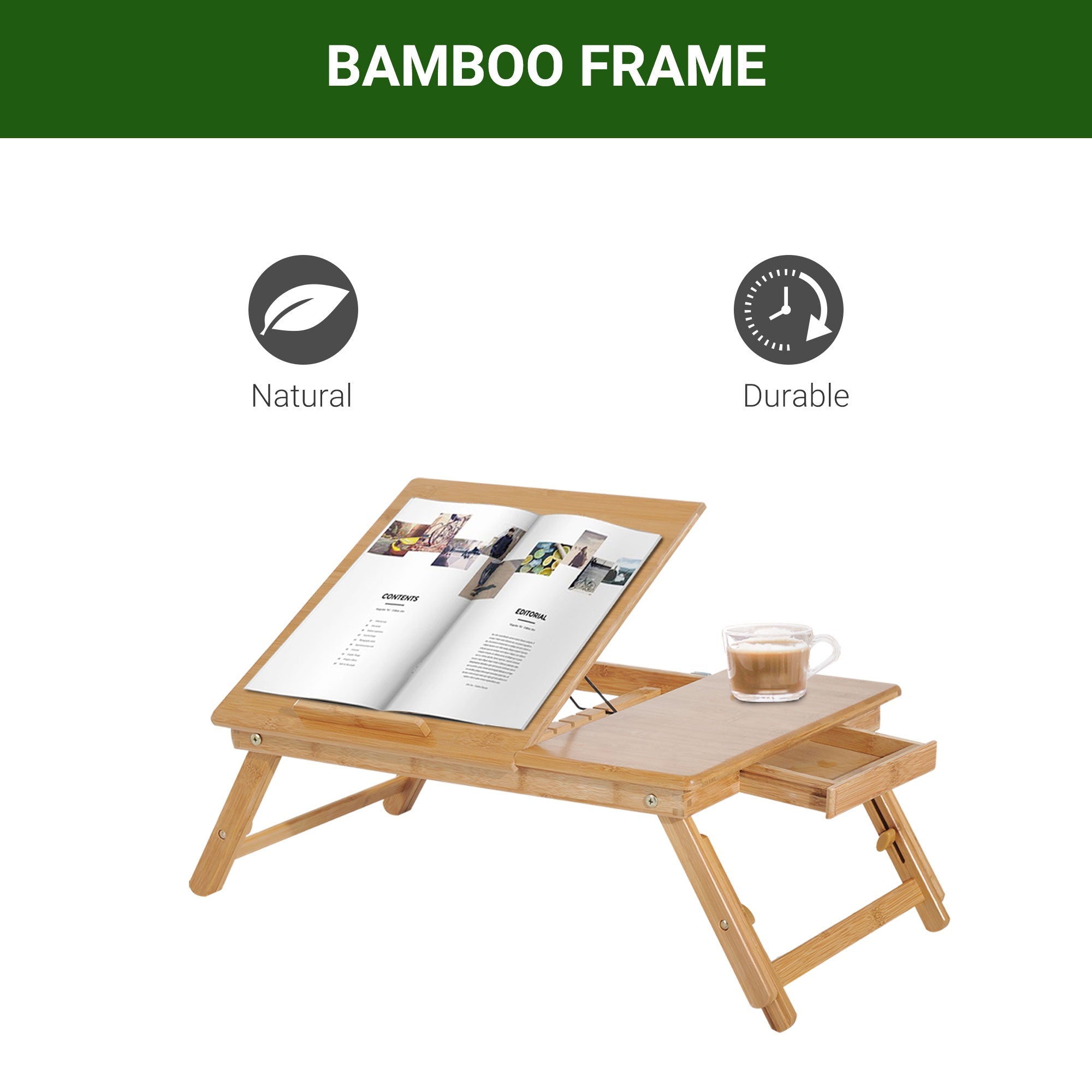 Portable Laptop Desk Bed Table, Adjustable Foldable with Drawer, Natural Wood Bamboo