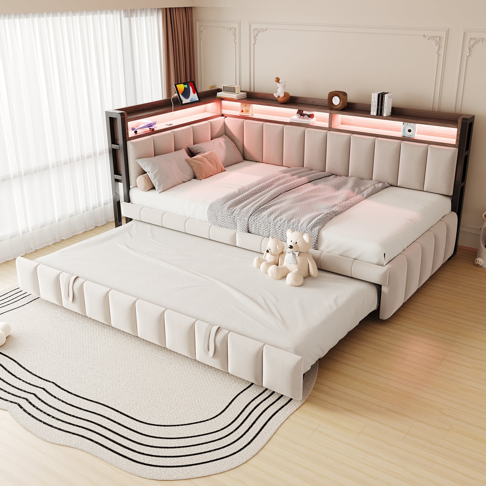 Upholstered Sofa Bed with Pull-out Bed, LED Lighting, Storage and USB Ports, 90x200cm, Beige Velvet