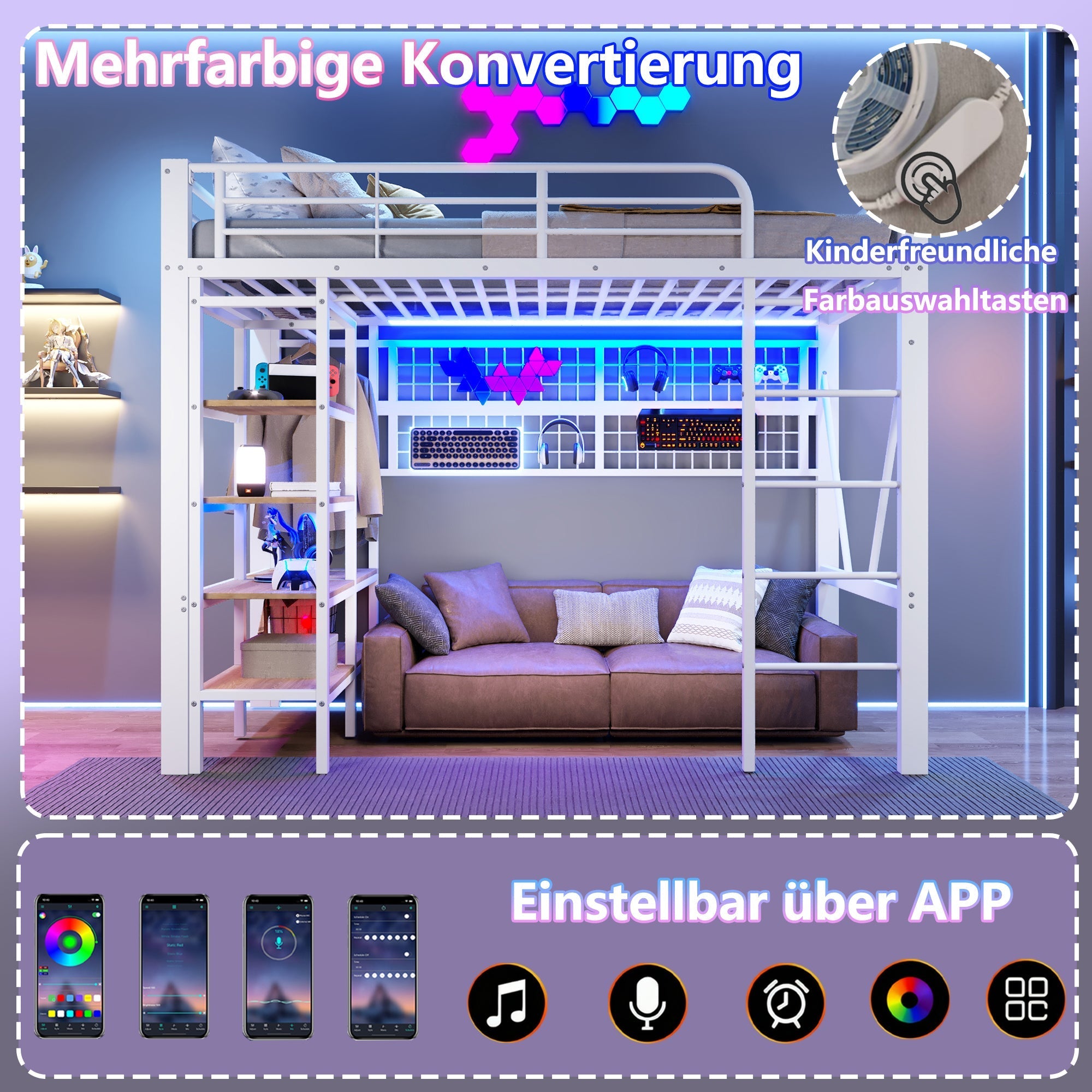 Loft Bed with Storage Compartment, LED Light Strip and Clothes Rail, White Iron Frame