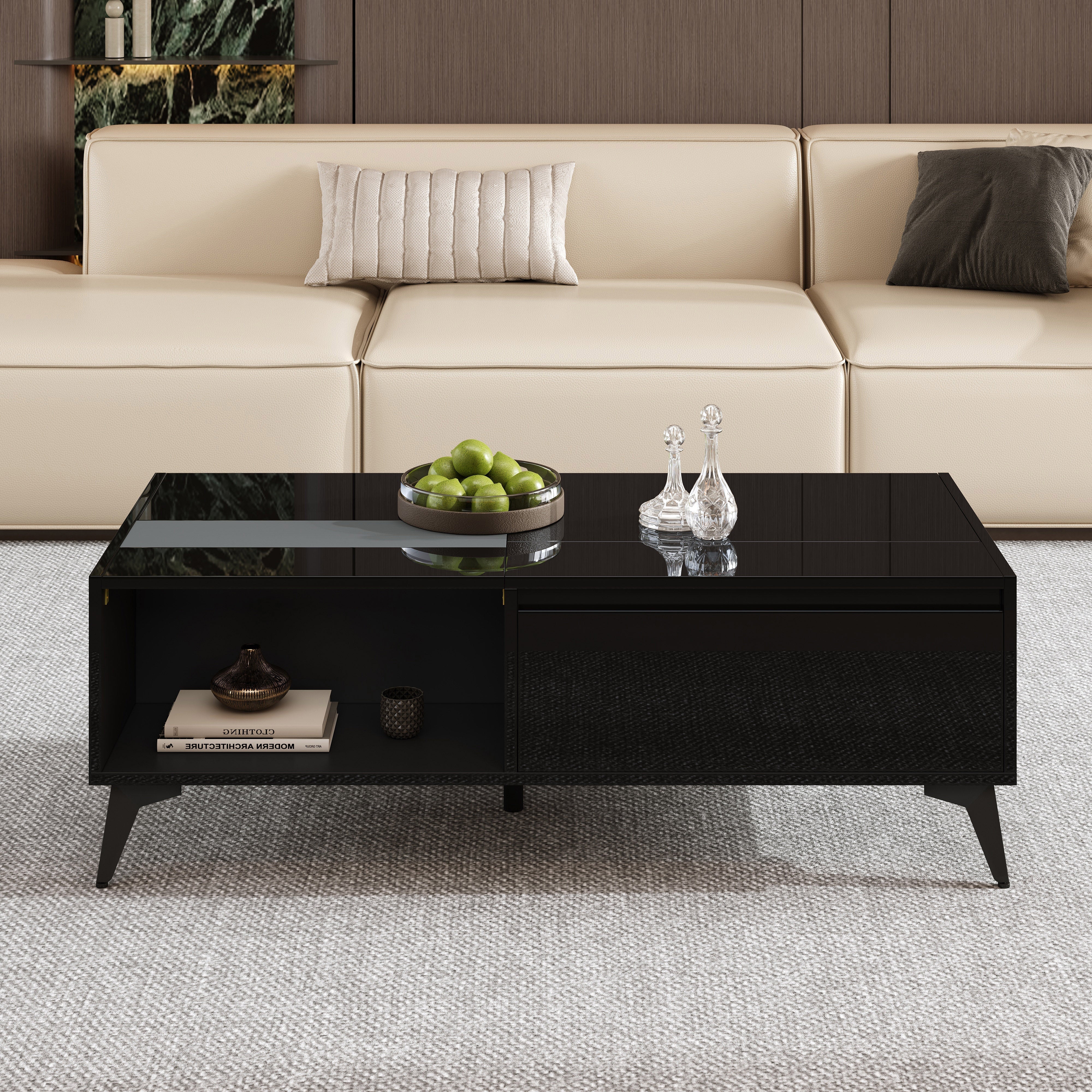 High-Gloss Coffee Table Height-Adjustable Folding Dining Table - Black