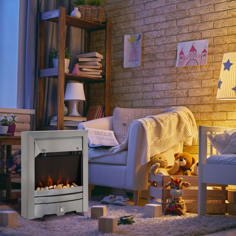 Electric Fireplace, 2KW Pebble Effect Fire Heater, Stainless Steel