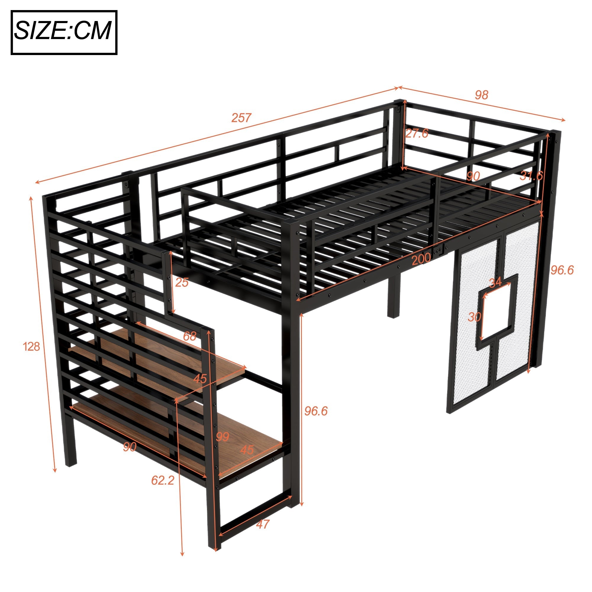 Metal Loft Bed with Stairs, Storage, LED Lighting and Windows, 90x200 cm, Black