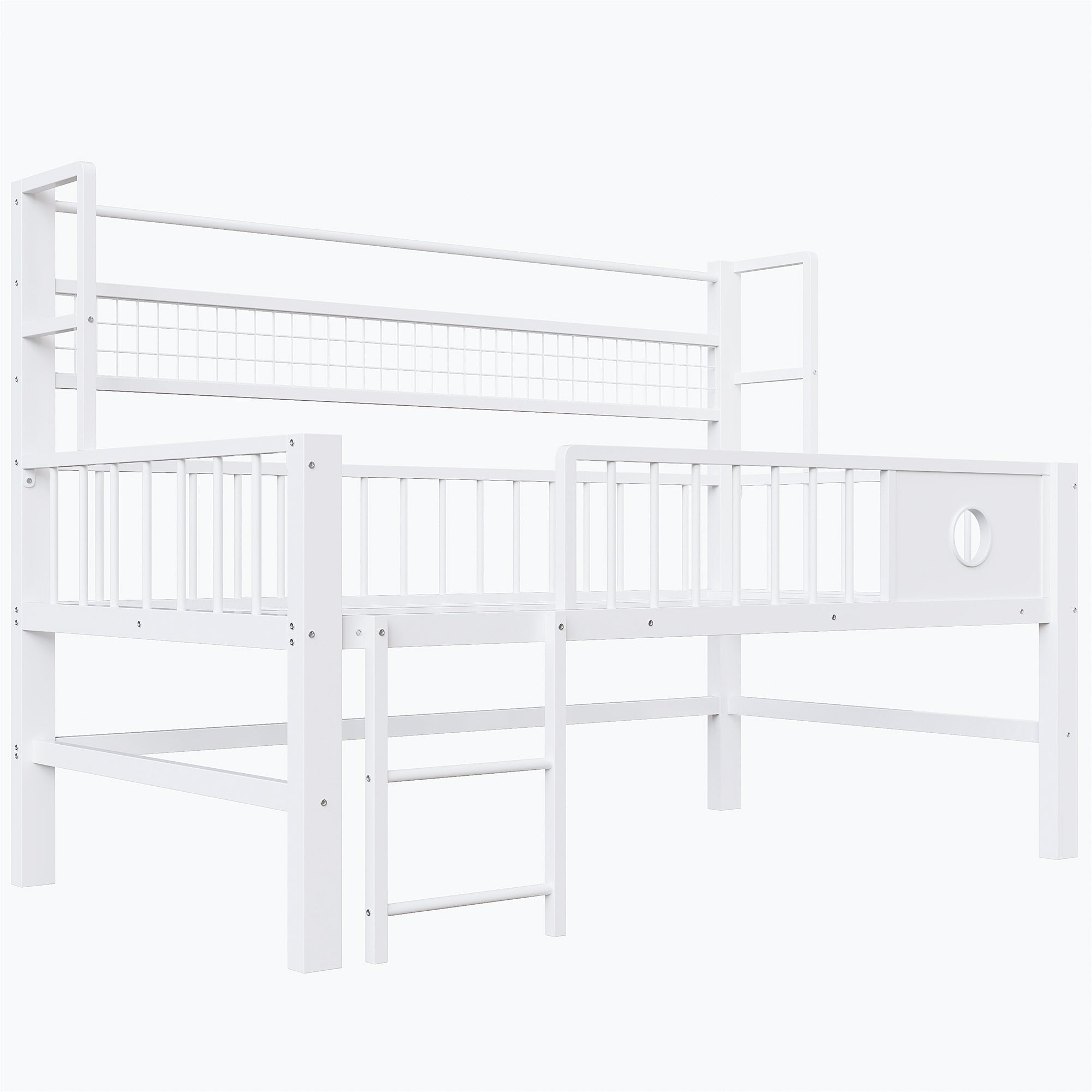Children's Low Loft Bed with Storage Compartments, 90x200cm, White Metal