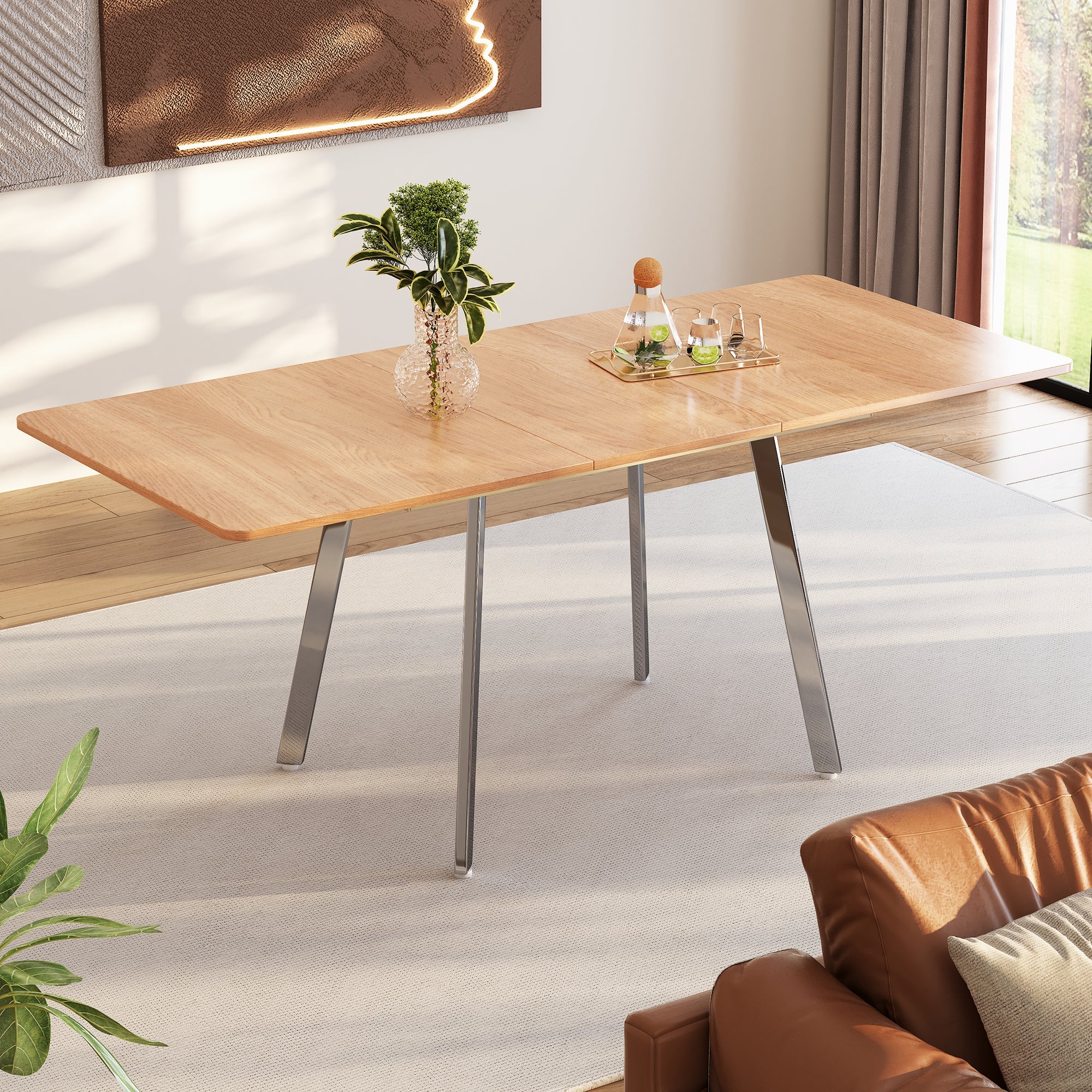 Extendable Dining Table, 140-180cm for 4-6 People with Alloy Support, Natural and Silver Chrome