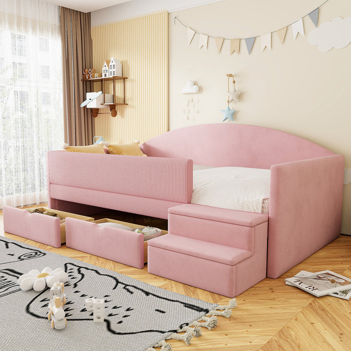 Upholstered Sofa Bed with Two Drawers, Railings and Steps, 90x190cm, Pink Velvet