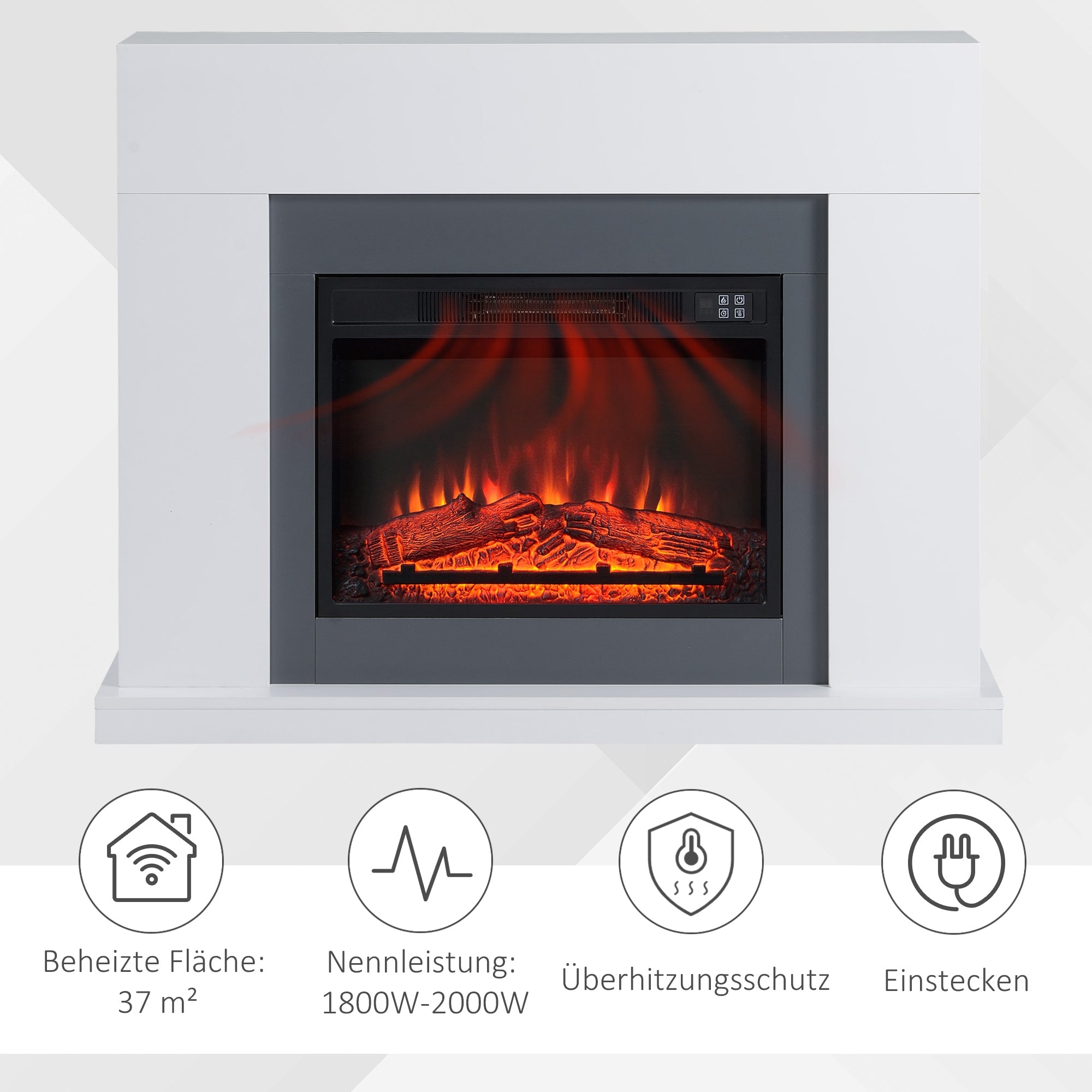 LED Electric Fireplace Freestanding 1800/2000W Flame Effect Wooden Frame - White MDF