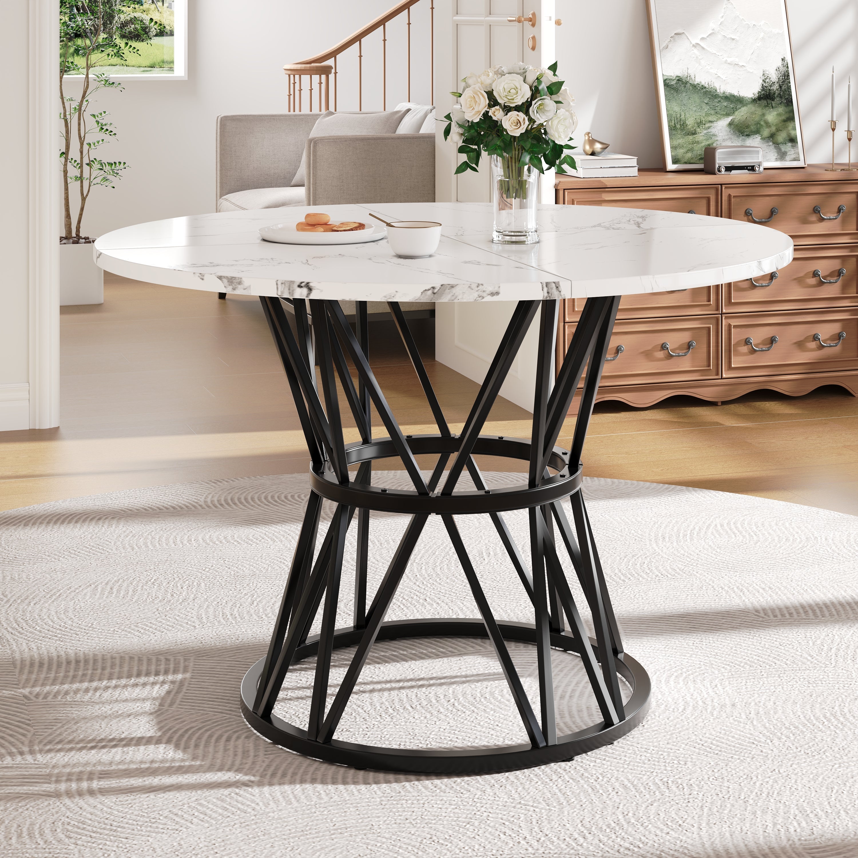 Round Dining Table, 100x100x76cm kitchen coffee for 4, metal legs MDF marble top, black