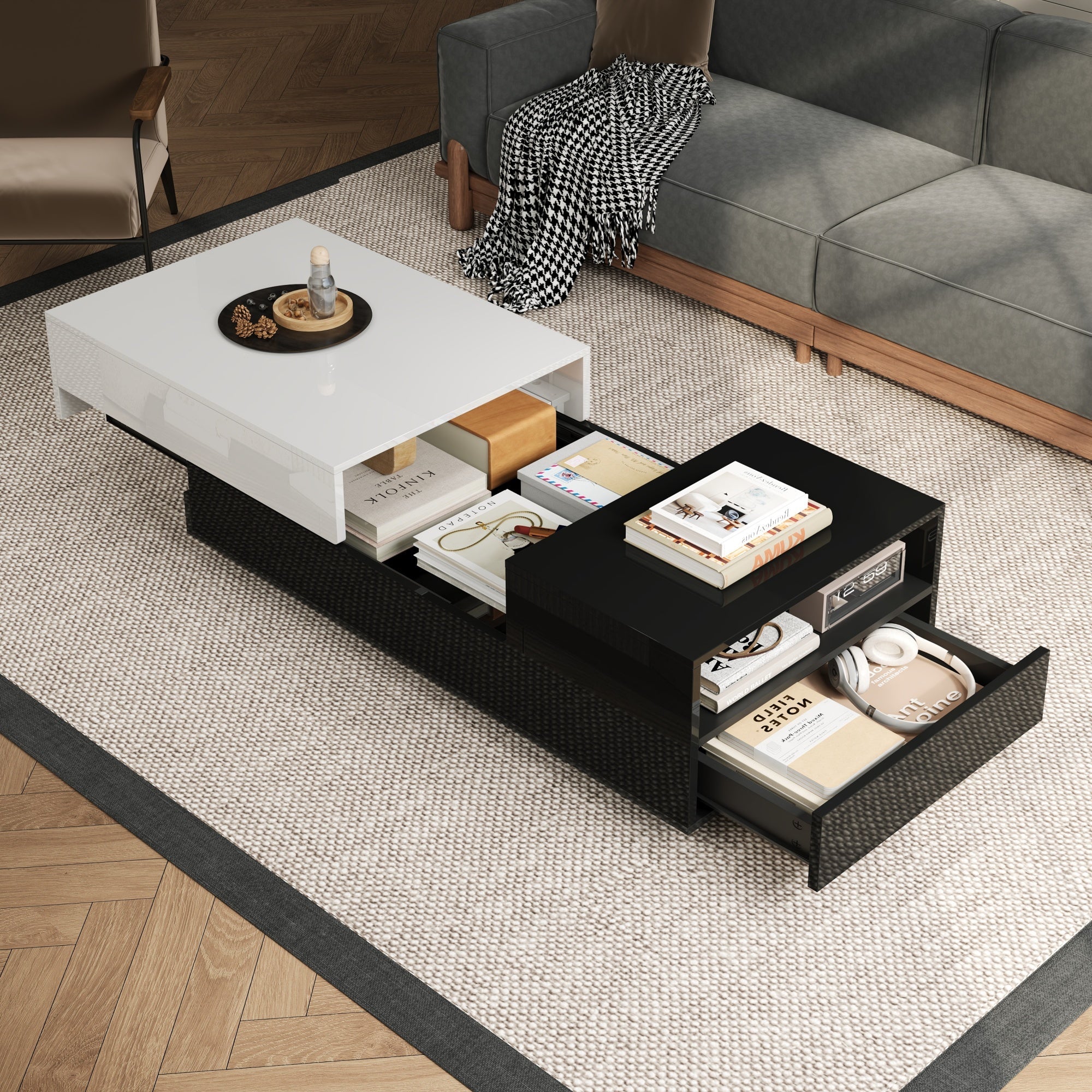 Coffee Table 100x50x38cm, High-Gloss with 1 Drawer & Sliding Top, Black and White Stitching