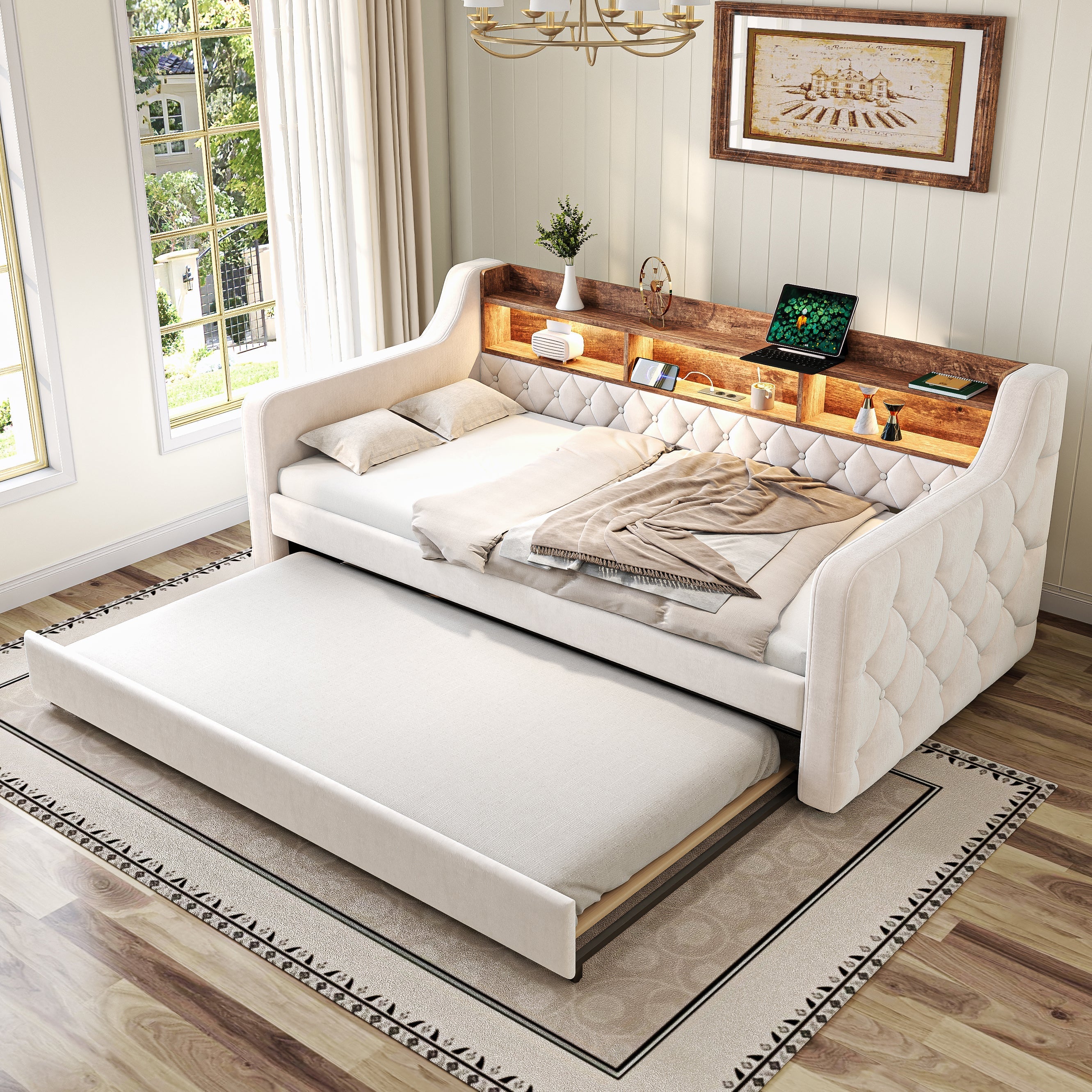 Space-saving Sofa Bed 90x190 cm with Storage, LED & USB-C Port, Velvet Beige