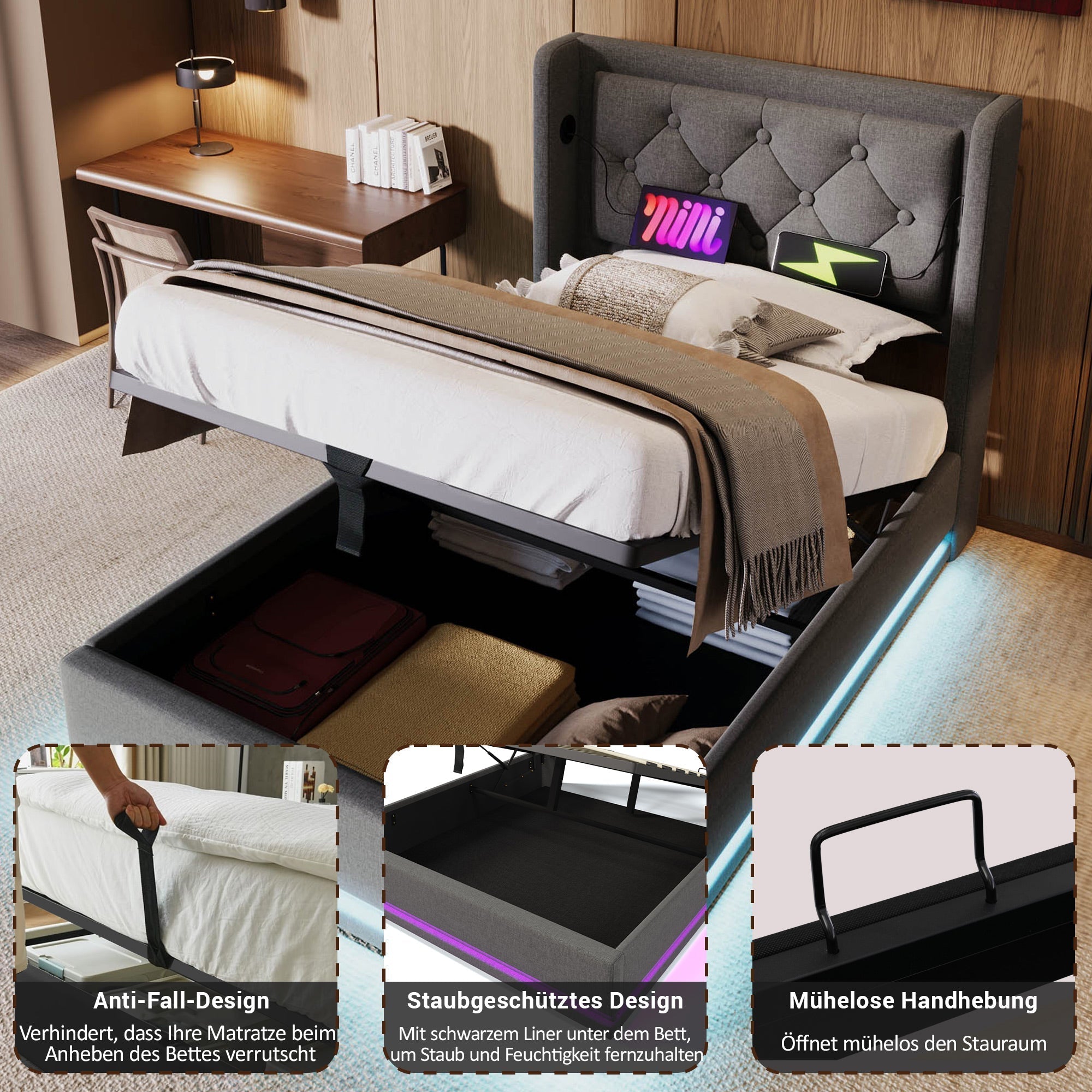 Upholstered Double Bed 90x200cm Hydraulic Storage USB-C LED Headboard, Grey Cotton